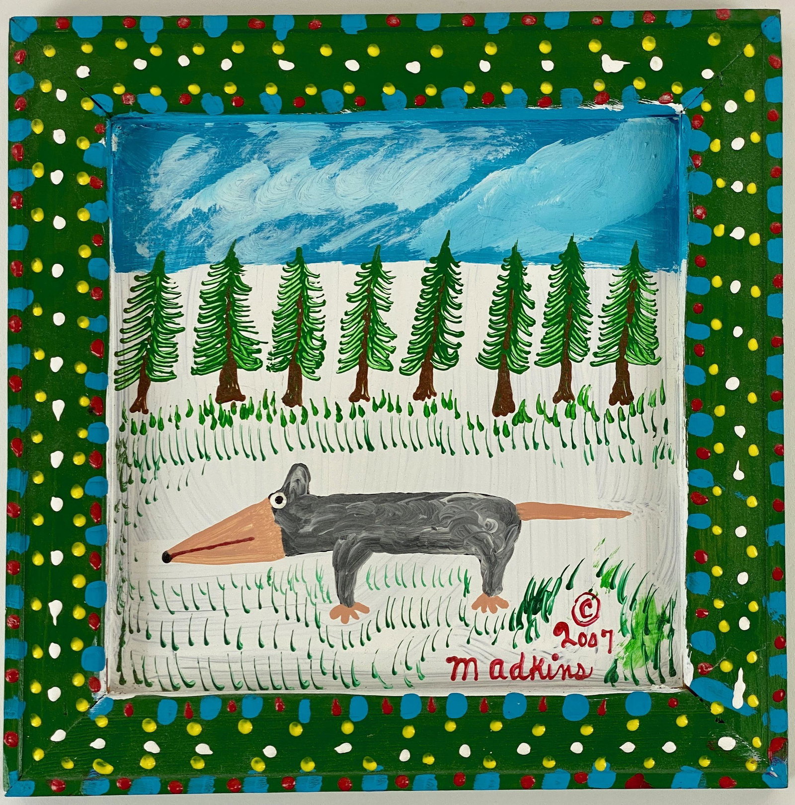 Minnie Adkins (KY, 1934), Folk Art Possum Painting: Acrylic on screen printing mesh with a possum in a wintry landscape of snow and evergreens, with colorfully adorned frame, signed and dated l.r.; 13" x 13" (frame). From the collection of Dr. Gerald 