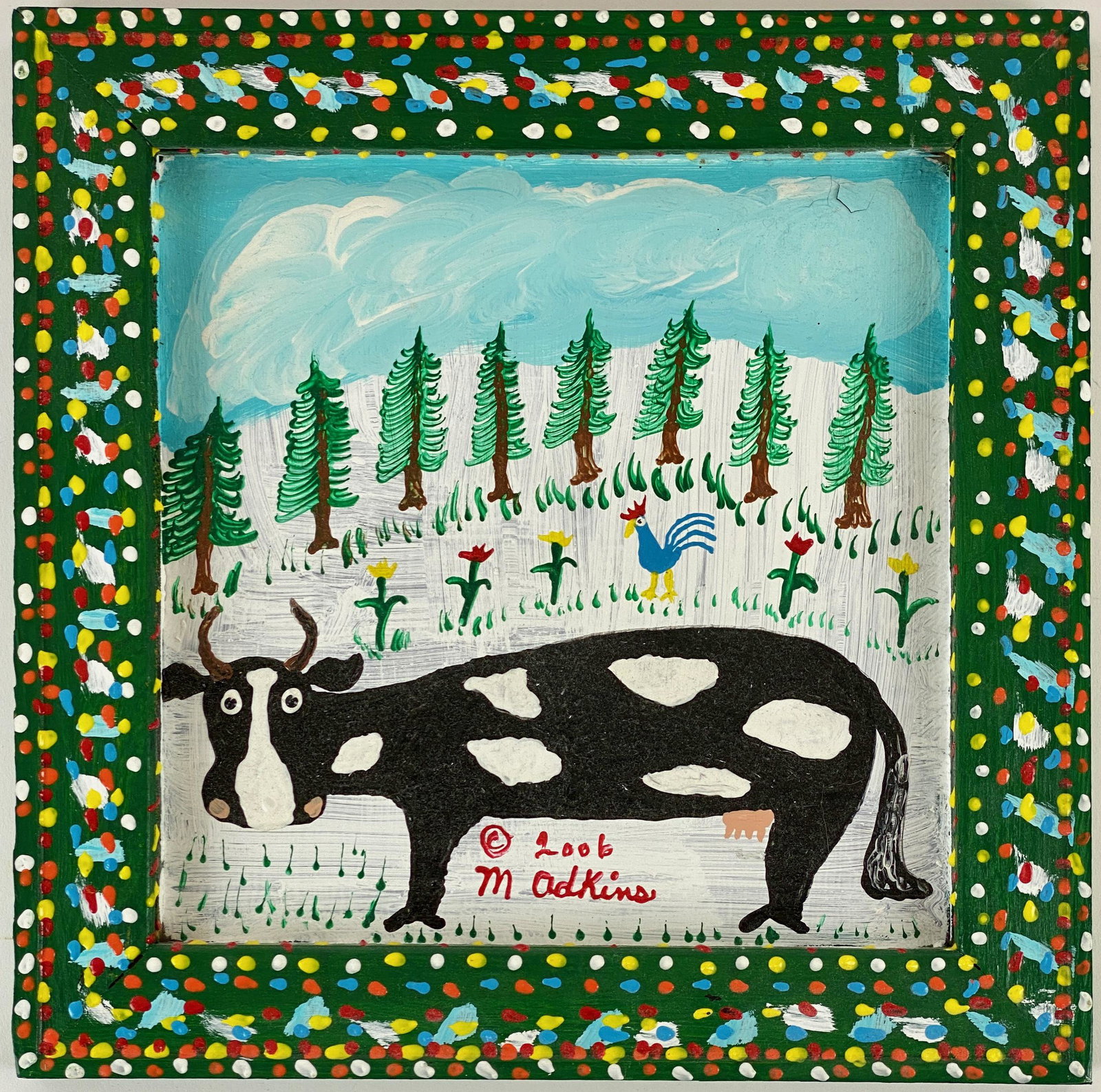 Minnie Adkins (KY, 1934), Folk Art Cow Painting: Acrylic on screen printing mesh depicting a cow in a wintry landscape, with colorfully adorned frame, signed and dated l.c.; 13" x 13" (frame). From the collection of Dr. Gerald and Barbara Theisen, G