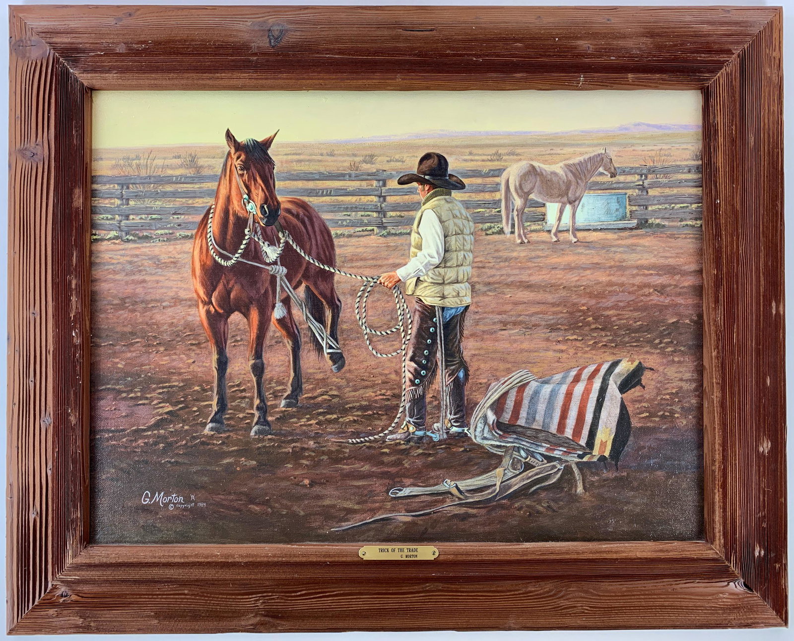 Gary Morton (New Mexico), "Trick of the Trade": Gary Morton (New Mexico, b. 1951), "Trick of the Trade." Oil on canvas, signed lower left; sight size: 17" ht. x 23" wd., framed size: 26" ht. x 31.5" wd. From the collection of Dr. Gerald and Barbar