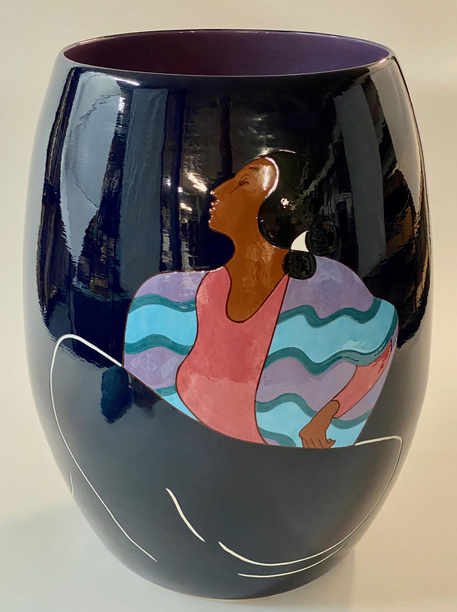 R.C. Gorman (Navajo), Adorned Ceramic Planter: R.C. Gorman (Navajo, 1931-2005), Large Ceramic Planter Marked Edition 10/100. Signed "R.C. Gorman, 10/100" to the lower portion of the planter; 18" ht. Featuring two American Indian Women lying in rep