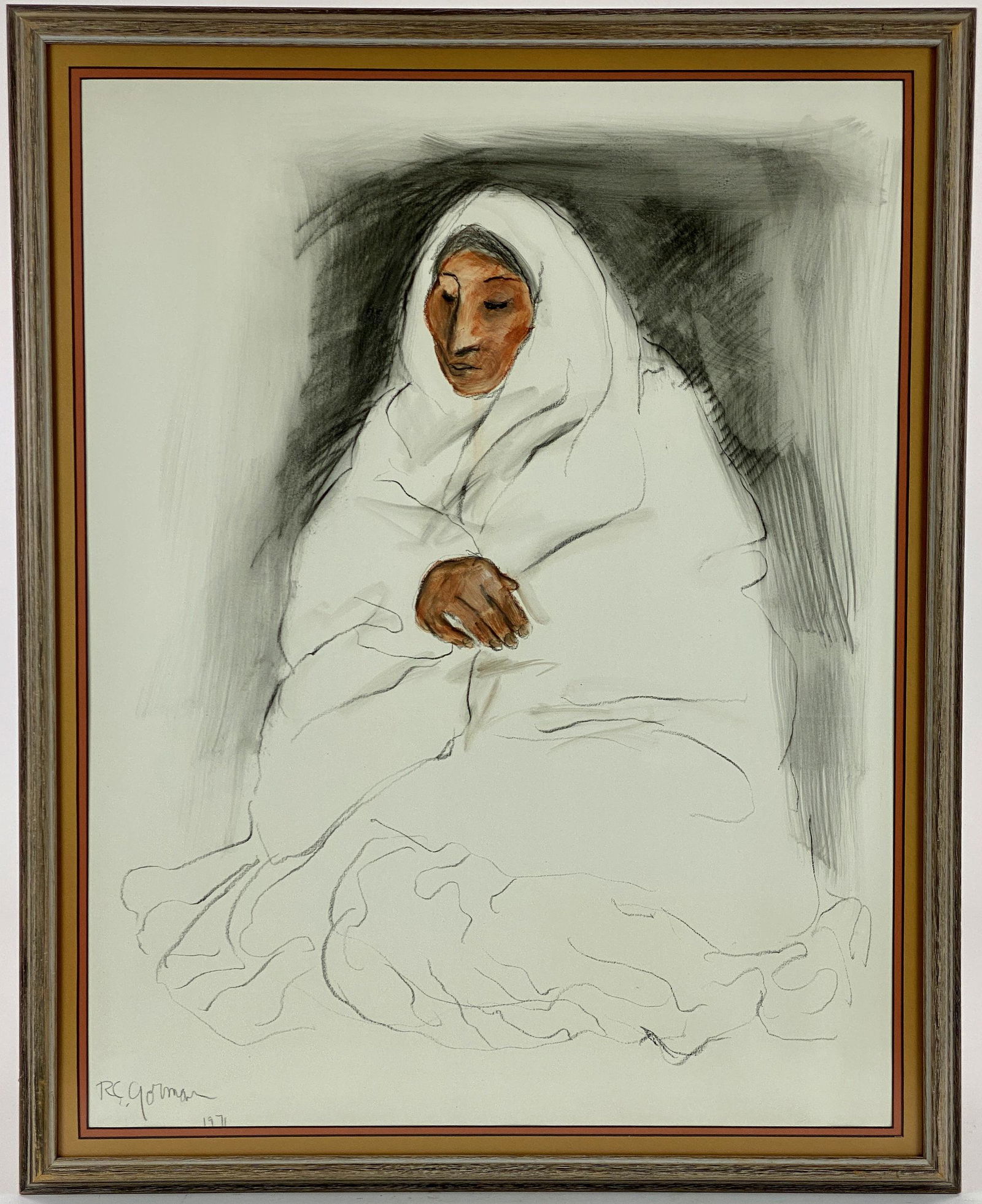 R. C. Gorman (Navajo), Portrait of a Woman: R. C. Gorman (Navajo, 1931-2005) Portrait of a Native American Woman. Signed lower left and dated 1971, charcoal and pastel; sight size: 27" ht. x 21" wd., framed size: 31" ht. x 25" wd. R.C. Gorman w
