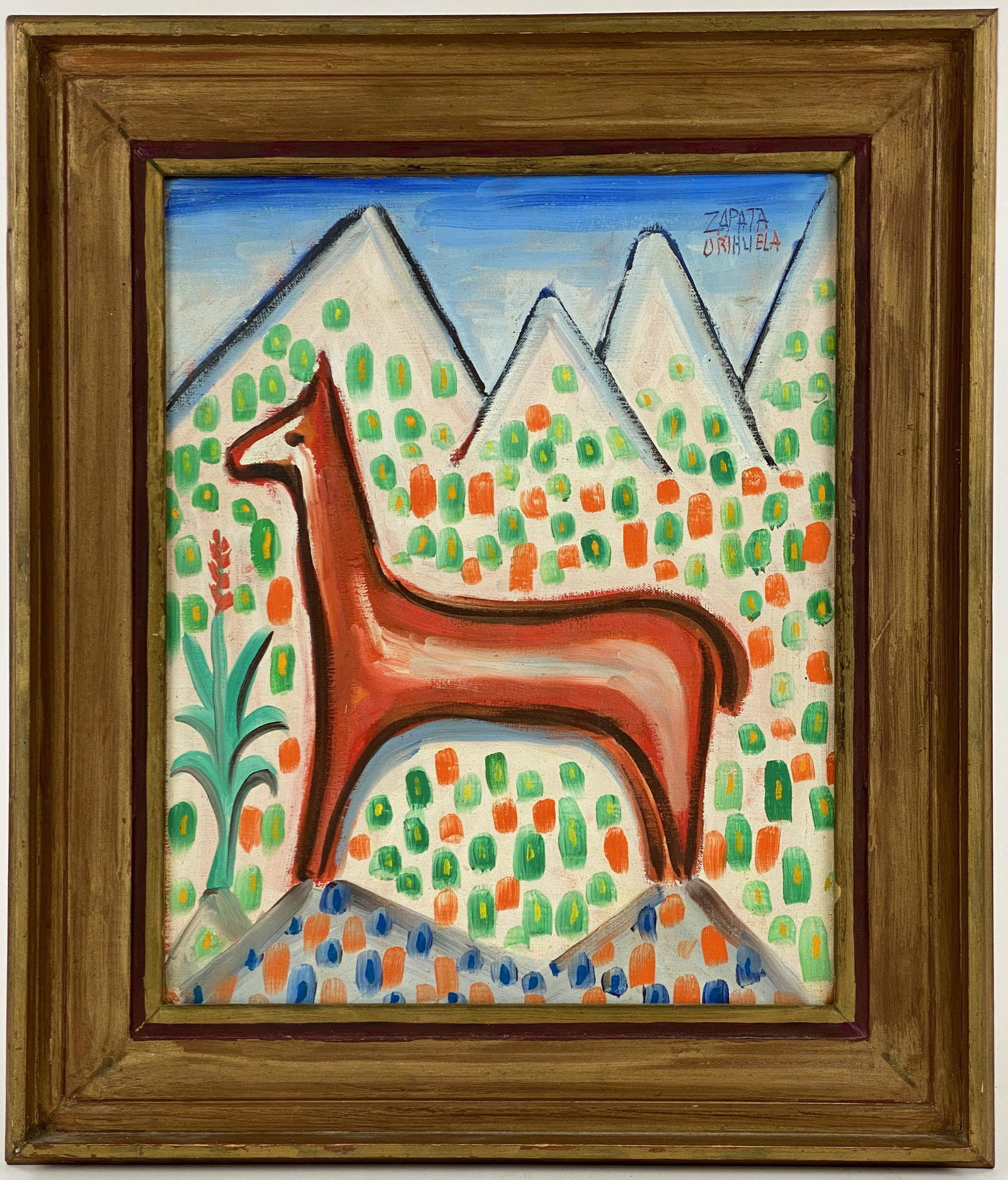 Manuel Zapata Orihuela (Peru), "Kullo Huahua": Manuel Zapata Orihuela (Peruvian, 1921-), "Kullo Huahua." Charming oil on canvas executed by Orihuela depicting a four legged mammal at the foot of a mountain range, in vibrant color. Orihuela was bo