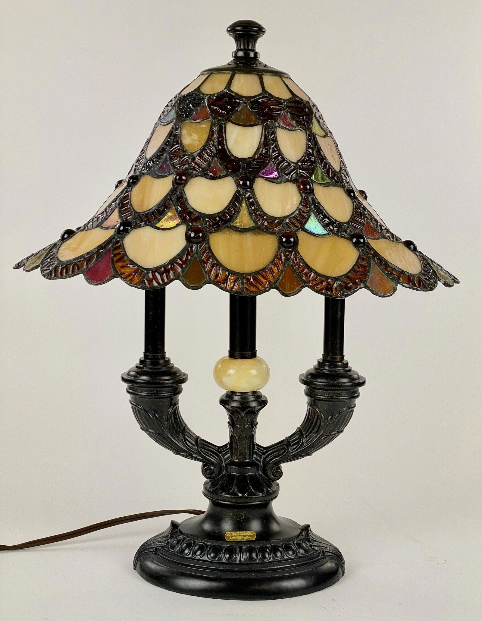 Dale Tiffany "Antique Roadshow" Leaded Glass Lamp: A leaded glass lamp with agate central ball along stem, plaque citing Dale Tiffany and the Antiques Roadshow series; ht. 19.75".