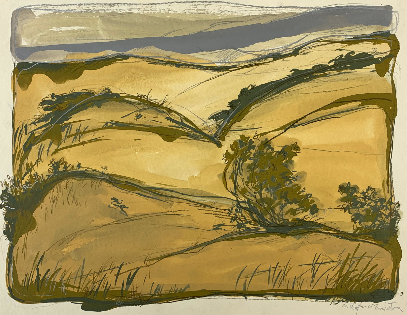 Walter Stomps, Jr. (American), "Provincetown": Gouche on linen landscape of rolling hills, signed and dated "65" l.r.; 18.5" x 23.75" (sight).