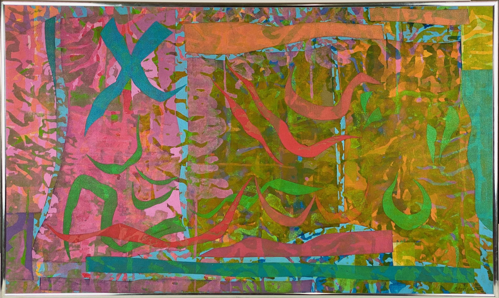 Walter Stomps, Jr. (American), "Ancient Signs II": An acrylic on canvas, by the late Walter Stomps., Jr., celebrated instructor and lifelong artist from Bowling Green, KY, signed l.r., with artist's label to verso; 23.25" ht. x 39.25" wd. (sight).