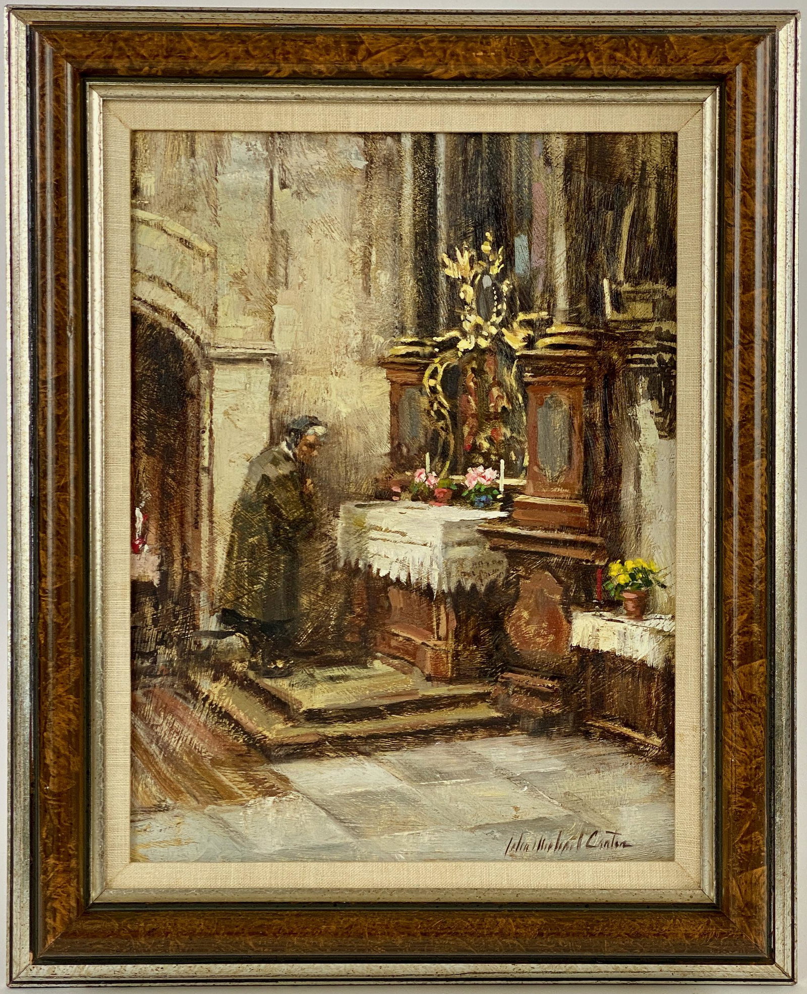 Church Interior by John Michael Carter: John Michael Carter (American, b. 1950). An oil on board, signed l.r., and depicting a prayerful woman in church interior; 14" x 10.5" (sight), 20" x 15.5" (framed).