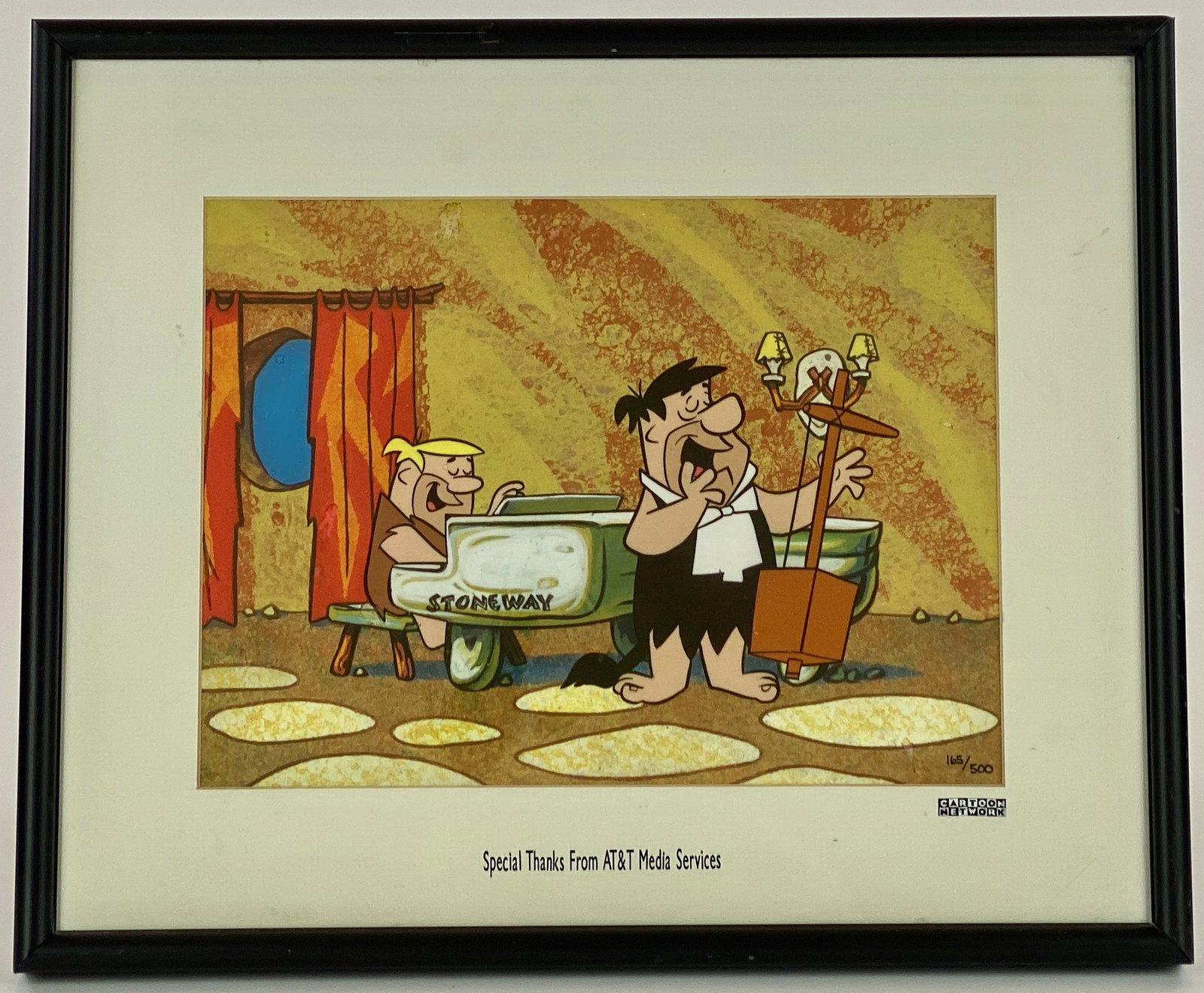 8 Hanna Barbera Flintstones Cells and Prints: Including one gel serigraph, one Bill Hanna signed print of Dino, and additional animation art pieces featuring the Flintstones family and primarily Fred Flintstone, all framed; largest sight size: 10