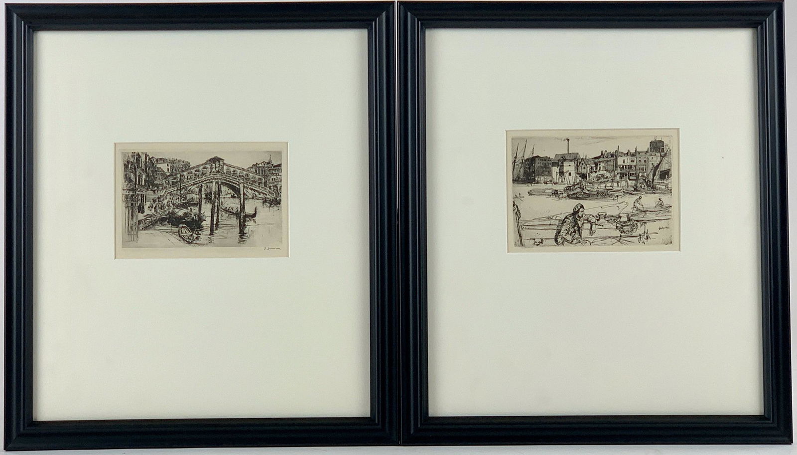 Pair of Etchings after James McNeill Whistler and Frank: A pair of etchings after James McNeill Whistler (American, 1834-1903) and Frank Duveneck (1848-1919), housed in simple black matching frames under glass. Both etchings were originally published in 188