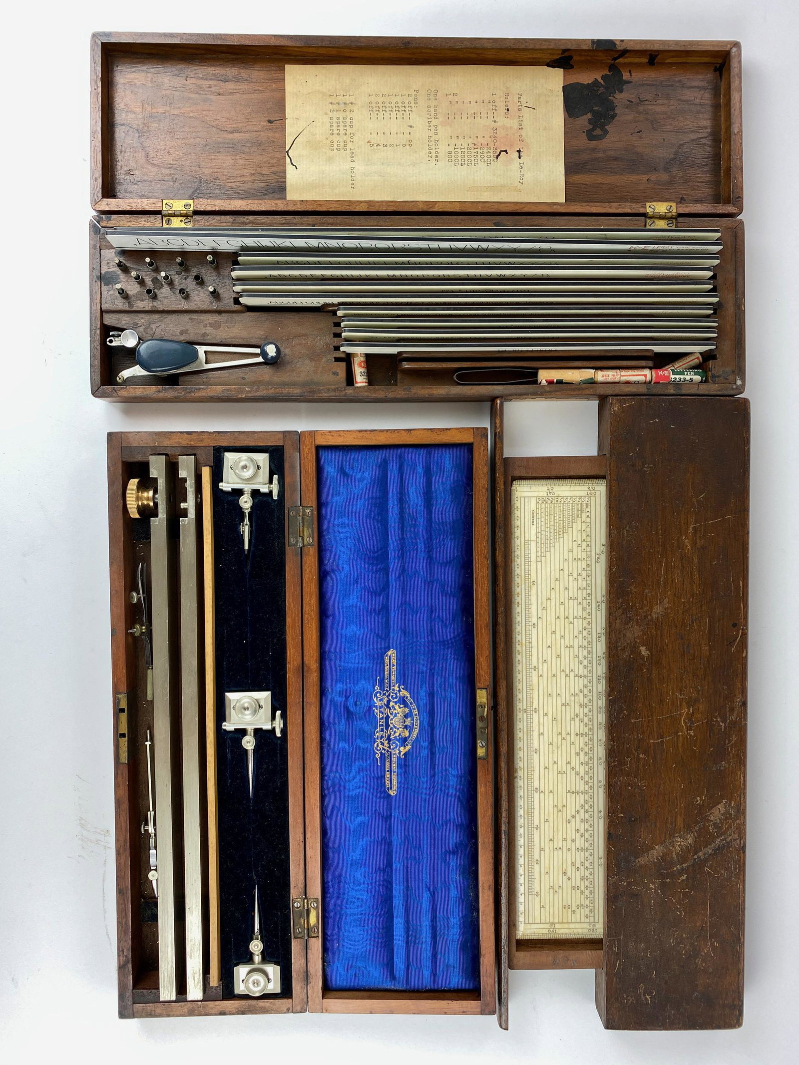 A Le-Roy, Fine Measure, and Stanley Turnstile: Three early tools in their original boxes, including a "Le-Roy", a fine walrus measuring stick, and finally a Stanley turnstile railroad termus, in exquisite condition and in its original velvet lined