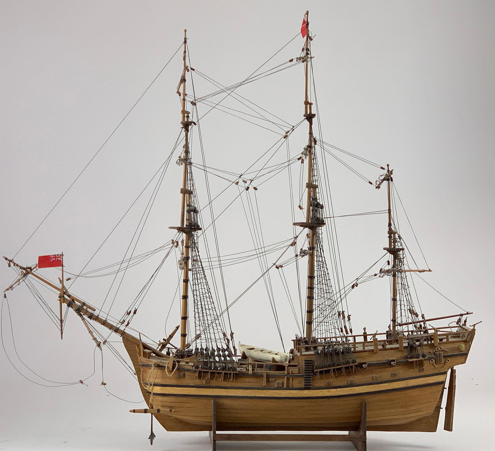 English Three Mast Vessel, Model Ship: NOTE: Due to its fragile condition, buyer must arrange transportation for this ship model. Pick-up is strongly recommended. A late 20th centur