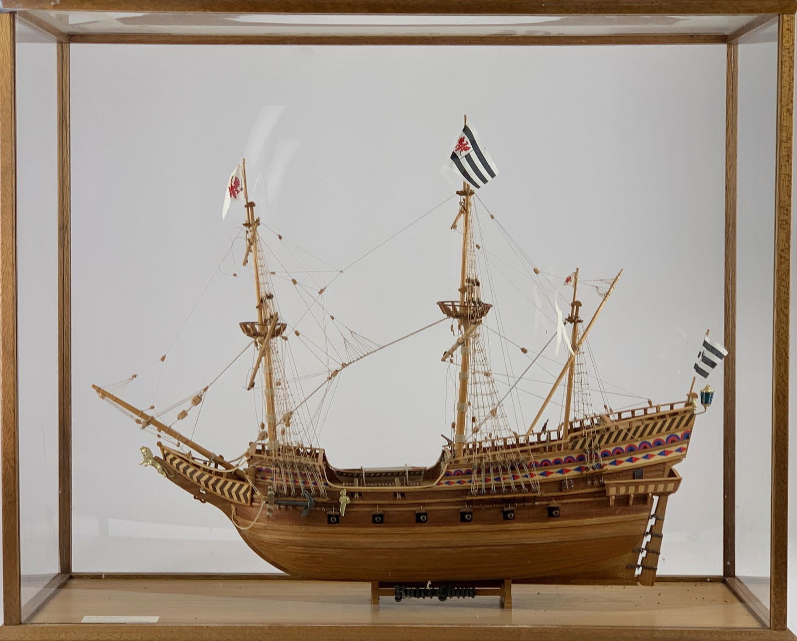 Model Ship of the Roter Lowe, 1597: NOTE: Due to its fragile condition, buyer must arrange transportation for this ship model. Pick-up is strongly recommended. A kit assembled mo