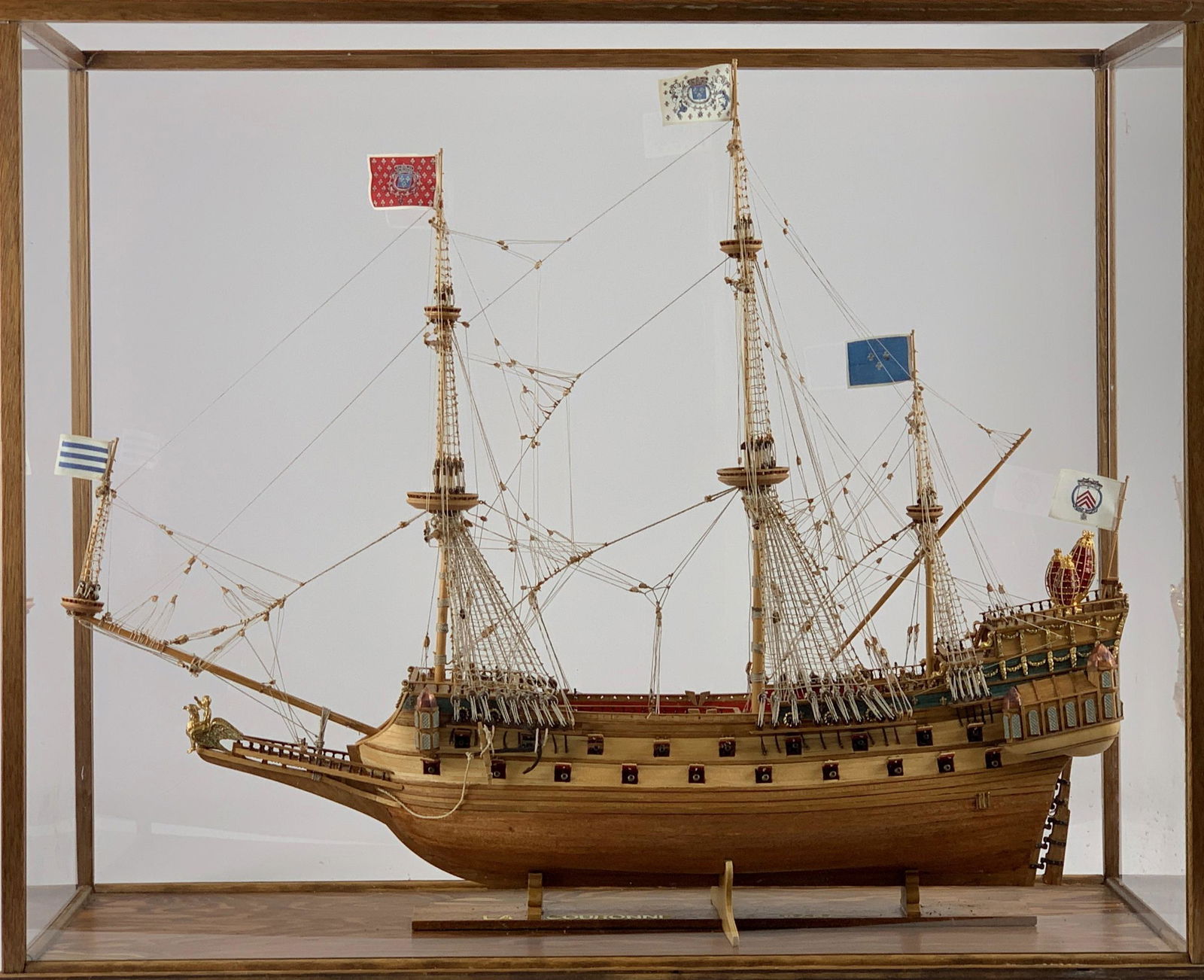 La Couronne Model Ship, 1636: NOTE: Due to its fragile condition, buyer must arrange transportation for this ship model. Pick-up is strongly recommended. A late 20th centur