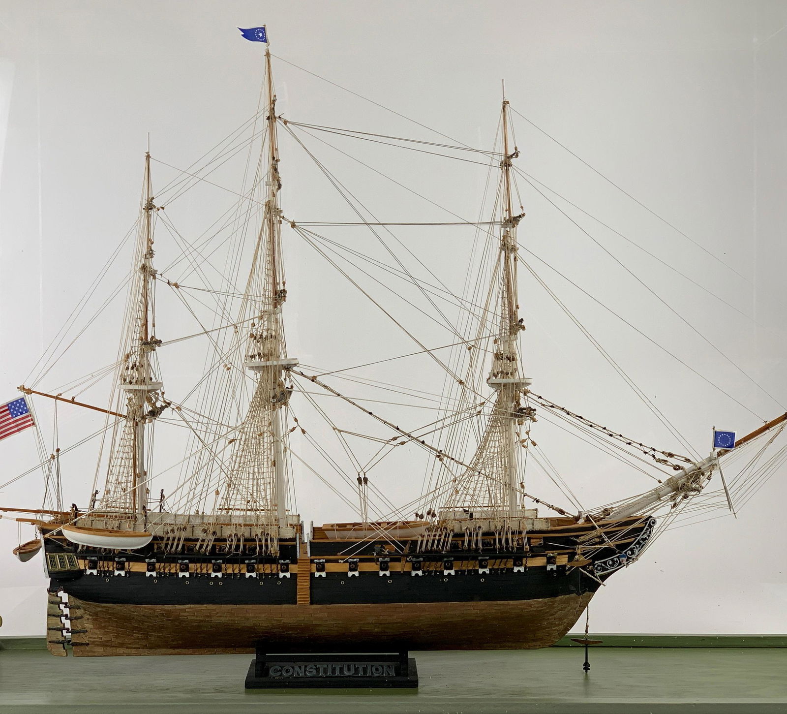American Model of Ship "Constitution": NOTE: Due to its fragile condition, buyer must arrange transportation for this ship model. Pick-up is strongly recommended. A later 20th centu
