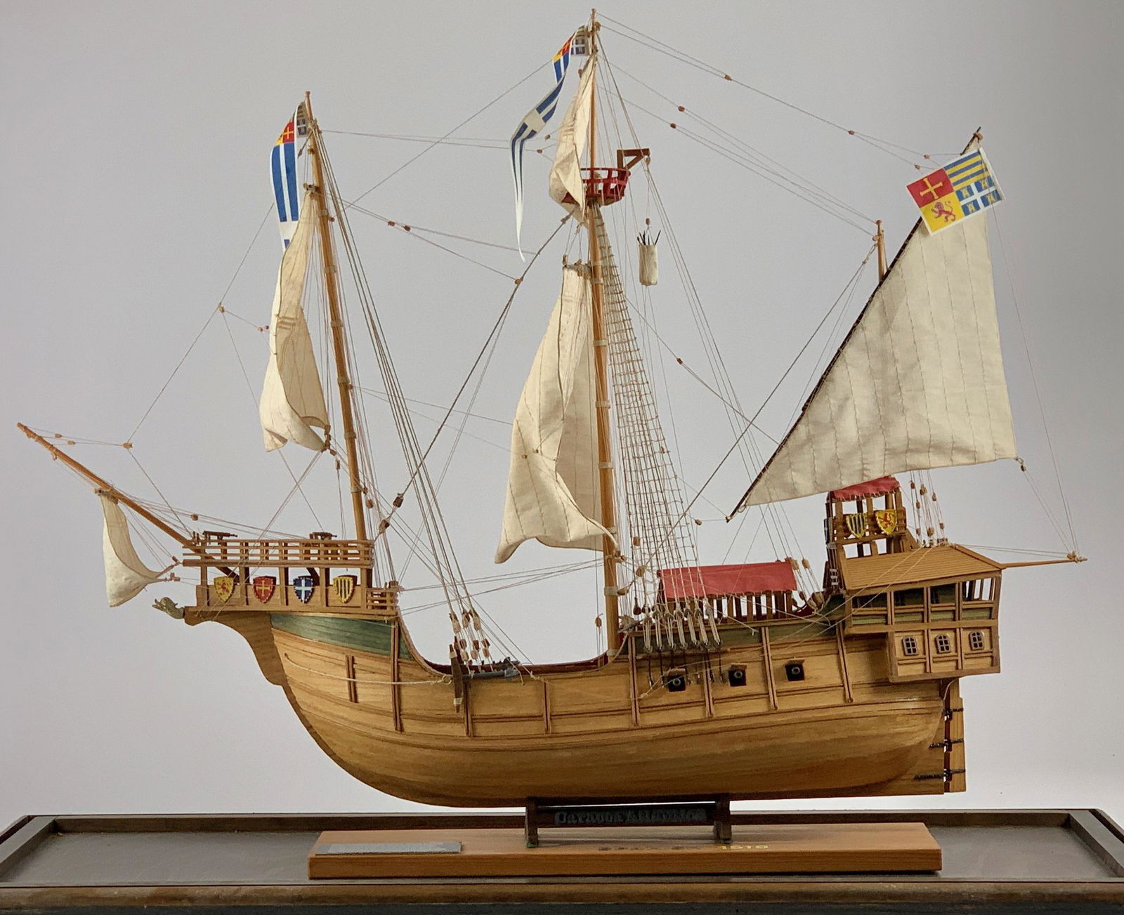 Three-Masted Carrack Spanish Ship Model: NOTE: Due to its fragile condition, buyer must arrange transportation for this ship model. Pick-up is strongly recommended. A late 20th centur