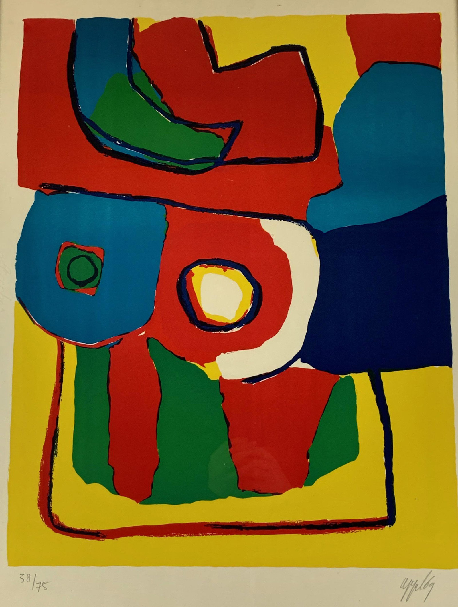 Karel Appel Abstract Lithograph in Colors: Karel Appel (Dutch, 1921-2006). Lithograph in colors, signed and numbered 58/75 in margin. 30" x 22" (sight), 31" x 23" (framed). From the Estate of Harold and Miriam Prigozen, Dayton, OH.