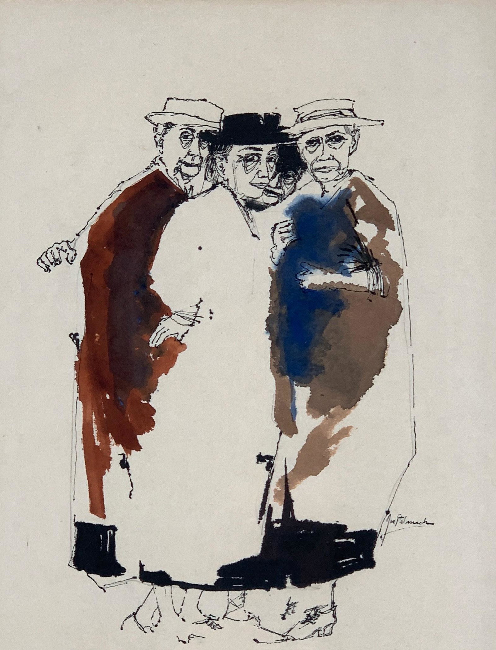 Jose Galmache Ink and Watercolor of Figures: Jose Galmache (1914-1989). An ink and watercolor on paper, signed l.r. 13" x 9.5" (sight), 20" x 15.75" (framed). From the Estate of Harold and Miriam Prigozen, Dayton, OH.