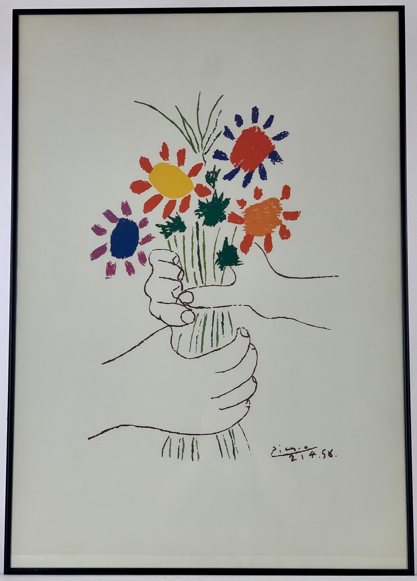 Still Life Lithograph After Picasso: A lithograph in colors, reproduced from a Picasso impression. 33.25" x 23.25" (framed) From the Estate of Harold and Miriam Prigozen, Dayton, OH.