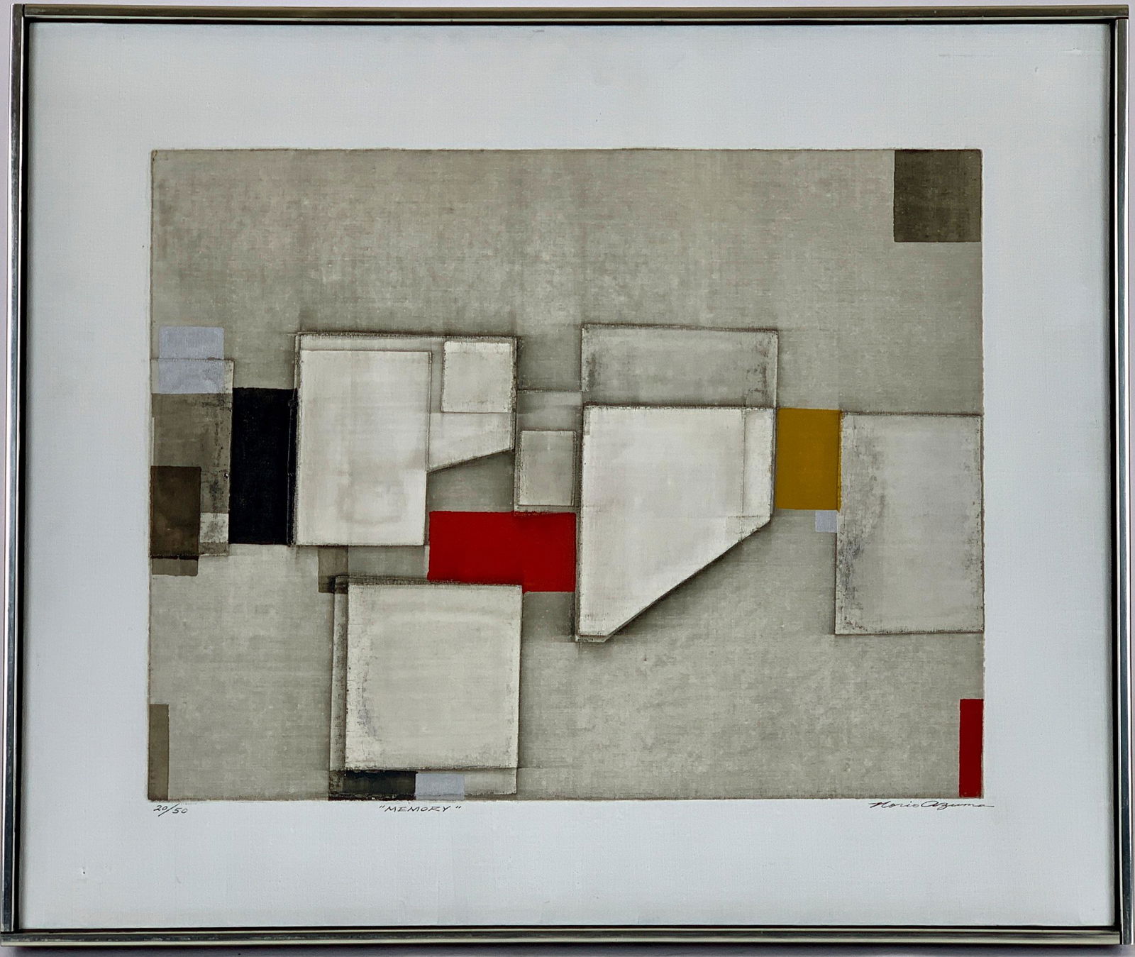 "Memory" Silkscreen by Norio Azuma: Silkscreen on a primed canvasboard, signed, titled and numbered 20/50 to margin, along with a label to verso. 19.5" x 23.5" (sight), 20" x 24.5" (framed). From the Estate of Harold and Miriam Prigozen