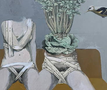 Original Collage by Alan Feltus, 1970: Alan Evan Feltus (American, b. 1943). An original collage consisting of oil, engravings on paper, and watercolor, on paper mounted to backing stock, signed and dated 1970 l.r. Also, with label to vers