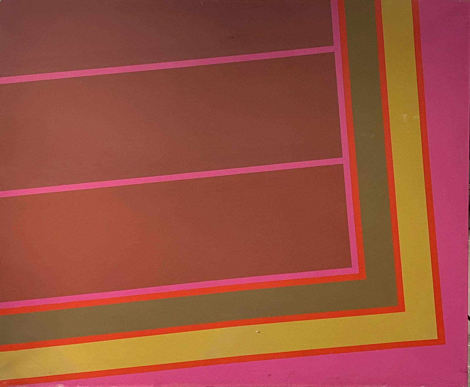 "Venice Again", Op-Art Work by Walter Stomps: Walter Stomps, Jr. (American, 1929-2020). Acrylic on canvas, depicting a leaning geometric construction, with exhibition label to the verso from the Dayton Art Institute, 1969. 72" x 55.5" (sight).