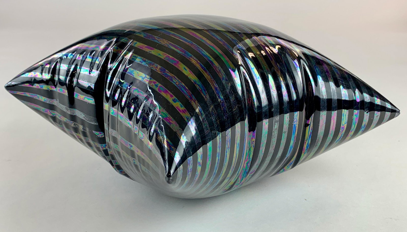 Art Glass Pillow by Karen Shirley: An art glass pillow, 1974, with affixed label inscribed with Karen Shirley and DAI (for Dayton Art Institute); 12.75" squared. From the Estate of Harold and Miriam Prigozen, Dayton, OH.