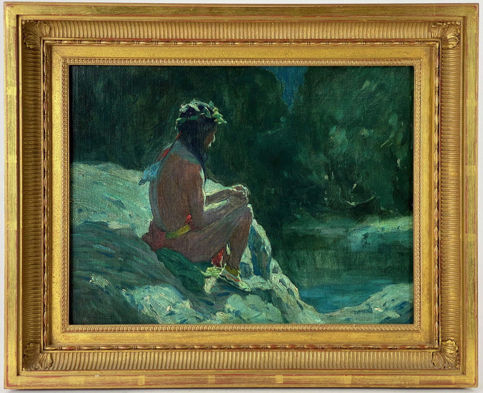 "Indian in Moonlight" Nocturne by E.I. Couse: Eanger Irving Couse (American, 1866-1936). Oil on canvas, signed l.l., and with a partially legible inscription on reverse stretcher (in pencil), as well as a pair of conservators labels on verso back