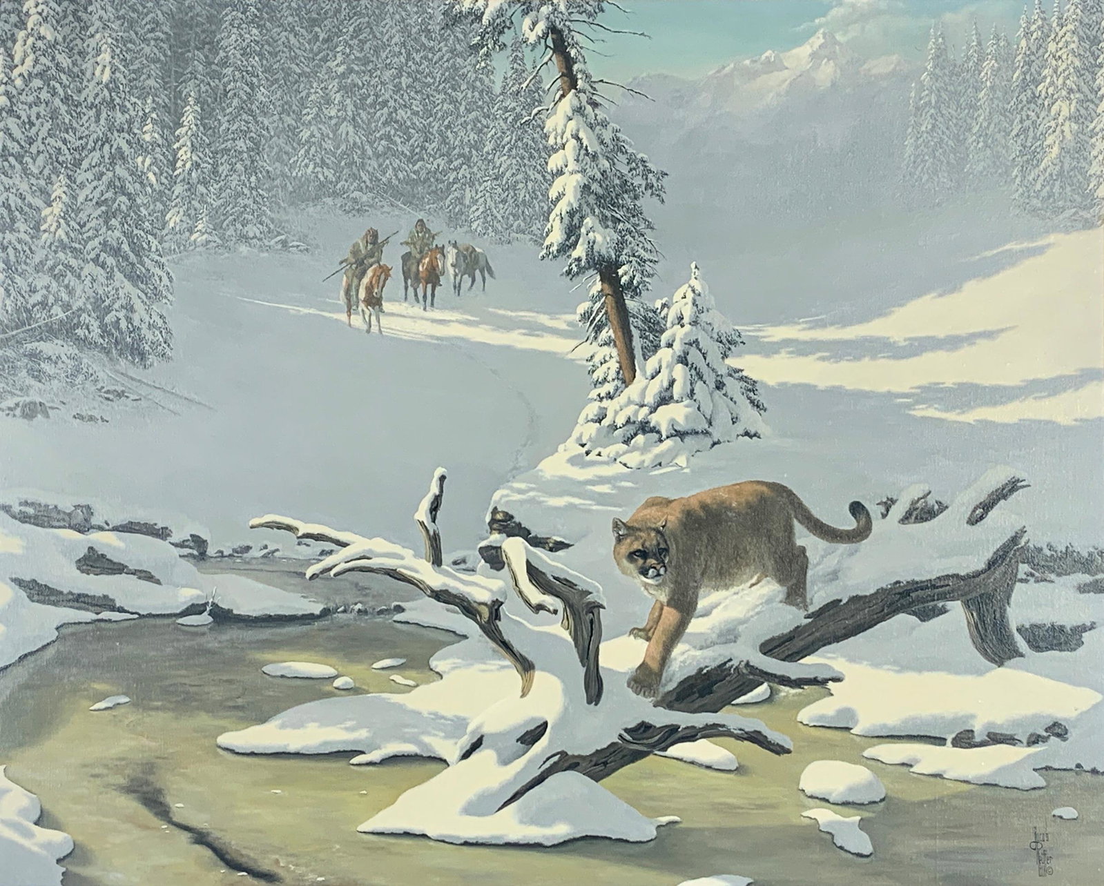 Hunting Scene by Jacob Pfeiffer: Jacob Pfeiffer (American, b. 1936). An oil on canvas, depicting a hunt of a snow leopard, with Native American figures in the distance, in Pfeiffer's exemplary and traditional atmospheric snowy landsc