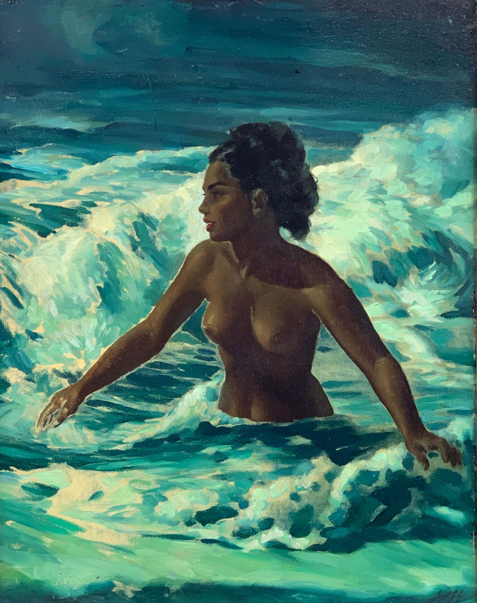 Nude in Water, Samoan Subject by Ralph Tyree: Ralph Burke Tyree (American, 1921-1979). Likely a Samoan subject, an oil on board by the artist who spent much of his mature period in the South Pacific. Depicting a nude in the water, signed l.r. and