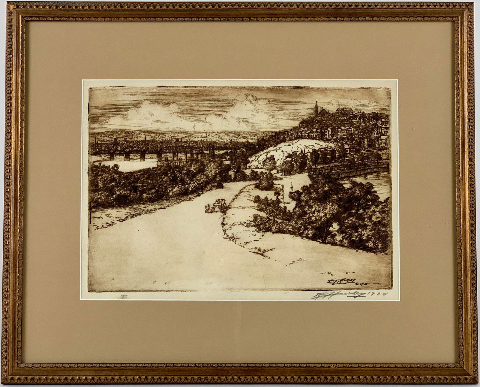 E.T. Hurley Etching "Mt. Adams": Edward Timothy Hurley (American/Cincinnati, 1869-1950). An etching and aquatint on paper, signed in plate and dated 1915, also signed in graphite and dated 1920 in margin; 8.5"x 12.25" (plate size), 1