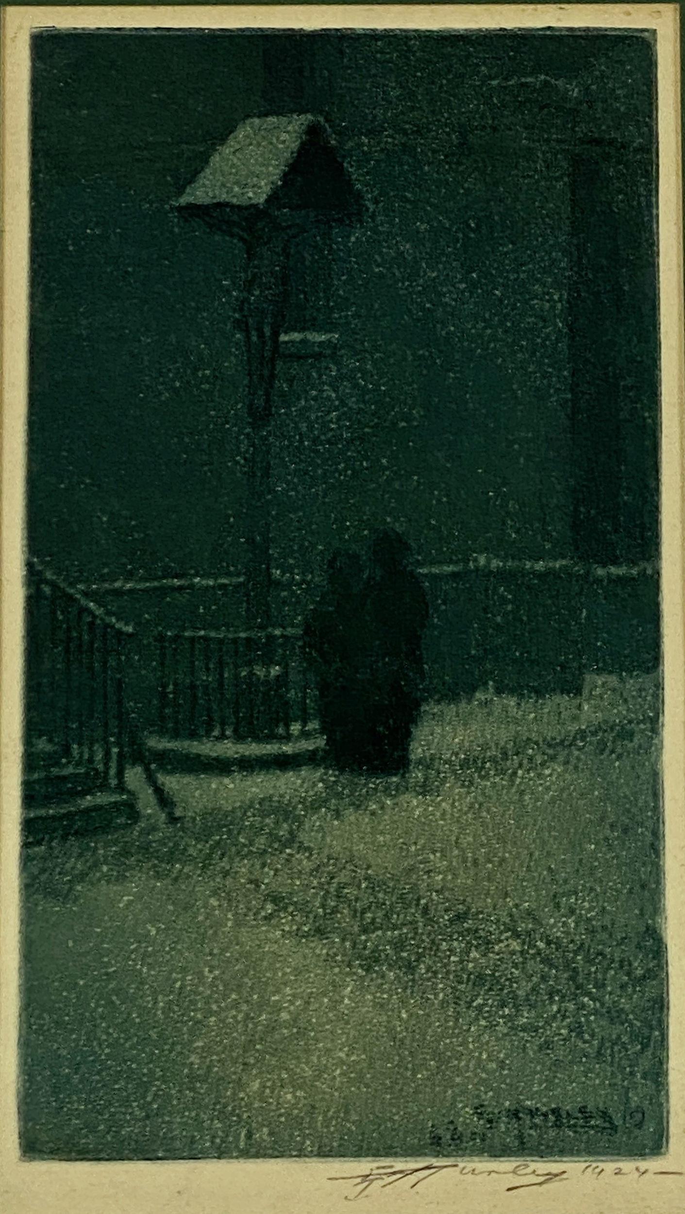 E.T. Hurley (Cincinnati. 1869-1950): "Holy Cross Immaculata Church, Mt. Adams" Etching. A winter scene in Hurley's typical style, depicting Mount Adams in the dark in Cincinnati, OH. Signed lower right and dated 1924, housed in a simple