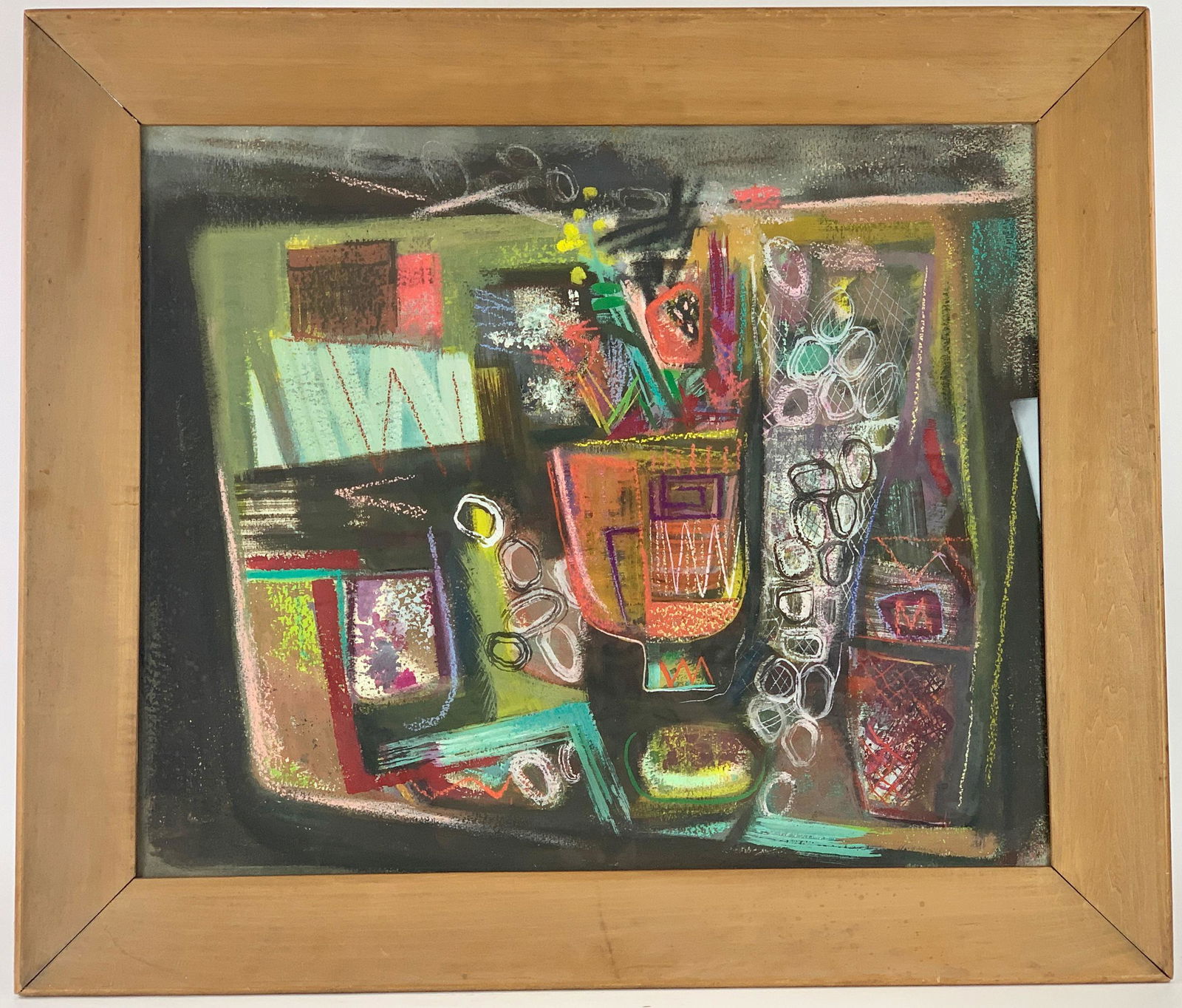 "Camouflage" by Miriam Peck: Pastel on paper, with artist's label on verso, indicating its inclusion in an exhibit at the Butler Art Institute, titled and signed on label. 22" x 26" (sight), 28" x 33" (framed).