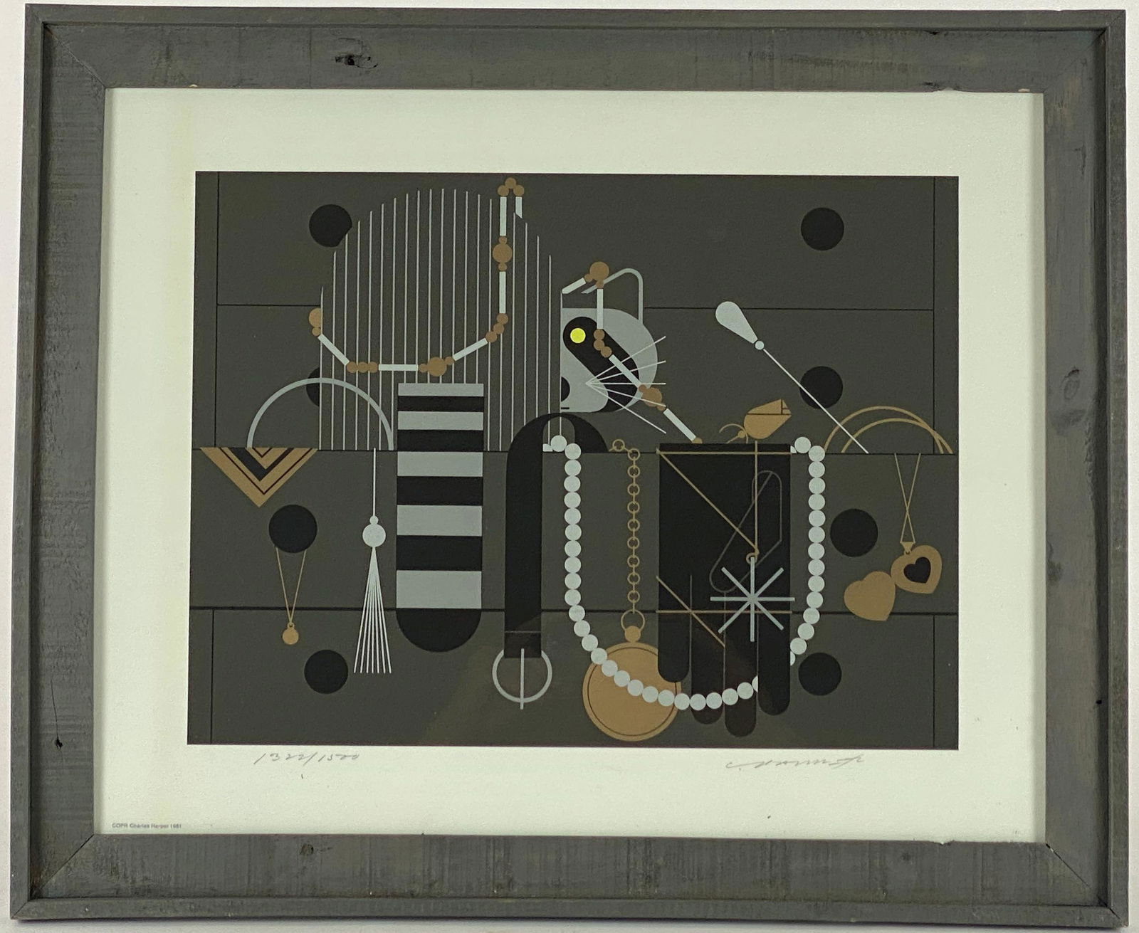 Charley Harper (Cincinnati, 1922-2007): Lithograph of a raccoon, numbered 1322/1500 and signed lower right. Housed in a simple frame. Sight size: 12" ht. x 16" wd, framed size: 19" ht. x 23" wd.