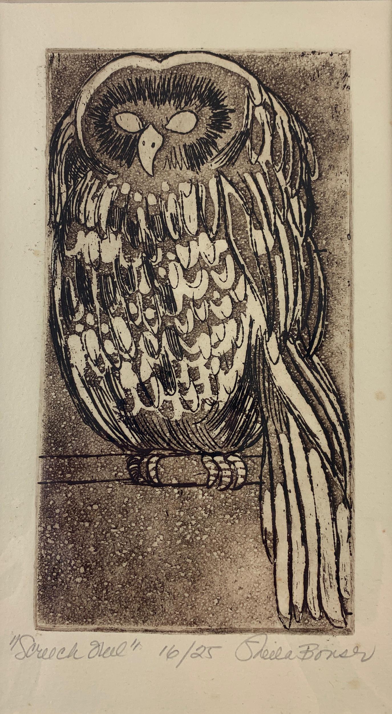 A Collection of 5 Etchings by Sheila Bonser: Various titles featuring animals include "Puppets", "Rabbits", "Hog Wallow", "Screech Owl" and "Oak Tree and Birds". A fantastic lot for the animal lover out there; largest 14" x 6".