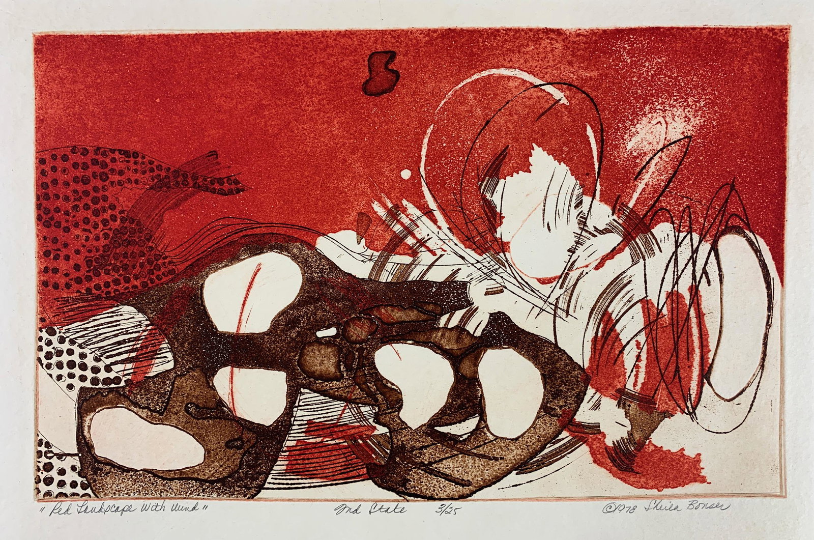 Collection of 8 Lithographs by Sheila Bonser: Titles include "Baroque Ensemble II", "Circle", "Audubon I", "Into White I", "Hopi Woman", "Hearts" and "Red Landscape with Wind", varying sizes and colors, all unframed and signed and numbered in low