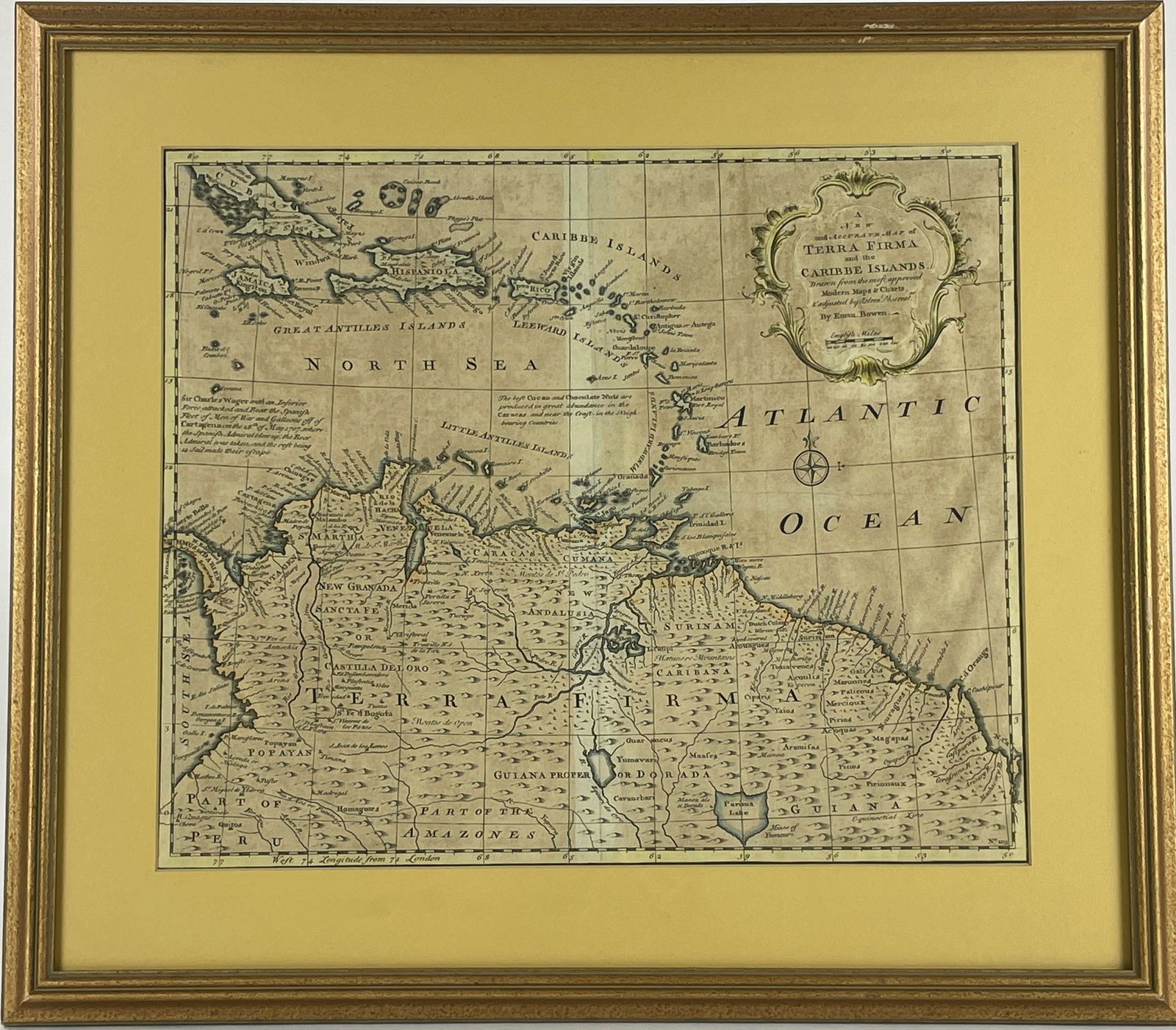 "Terra FIrma and Caribbe Islands", Emanuel Bowen: "A New and Accurate Map of the Terra Firma and the Caribbe Islands", an 18th century map by Emanuel Bowen (1693-1767). An engraved and hand colored map in two pages with central fold crease, framed. 1
