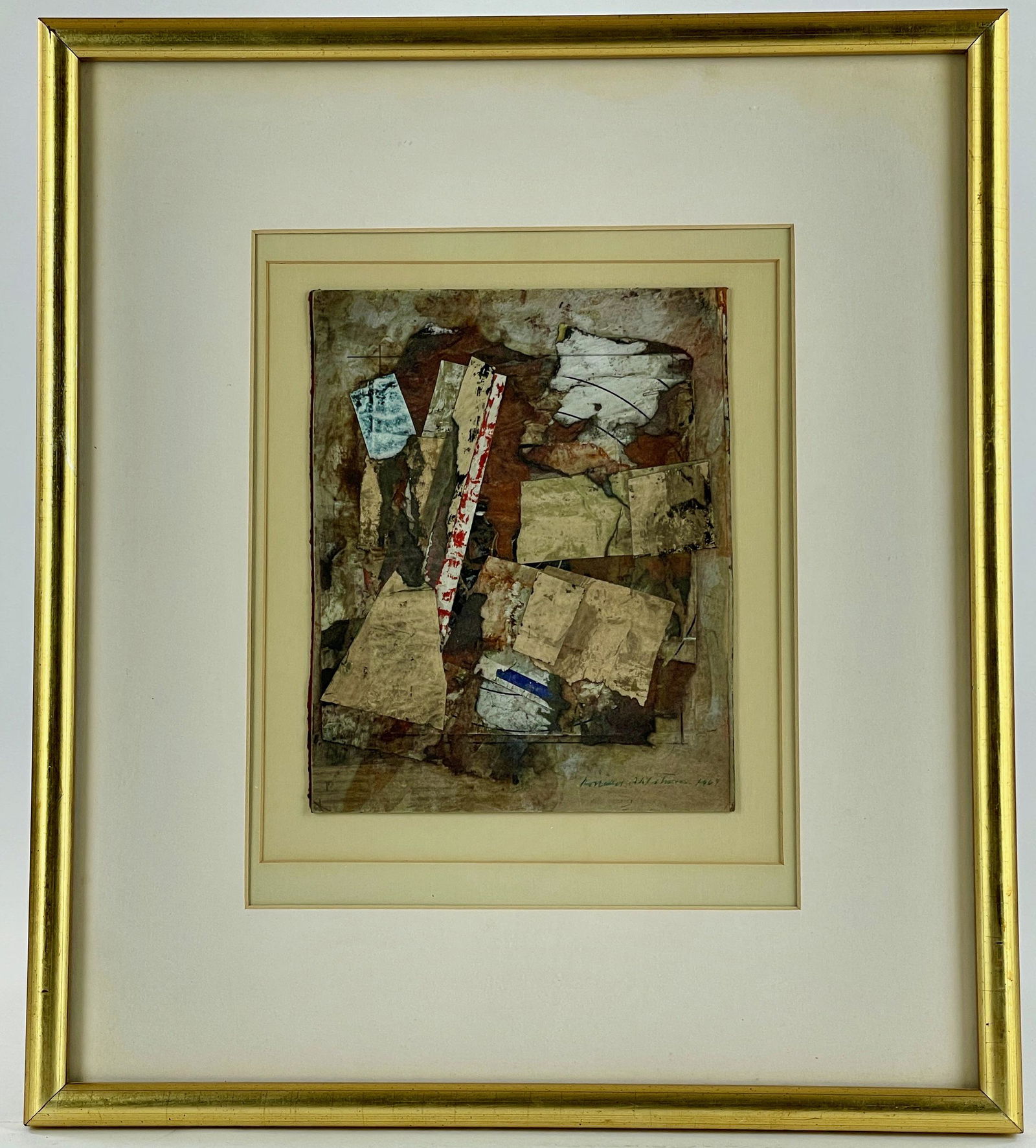 Ronald Ahlstrom (1922-2012), Collage: Framed and matted under glass. Signed l.r. Dated 1969. Sight size: 8" wd. x 6.5" ht. Frame: 16.5 ht. x 14.5 wd.