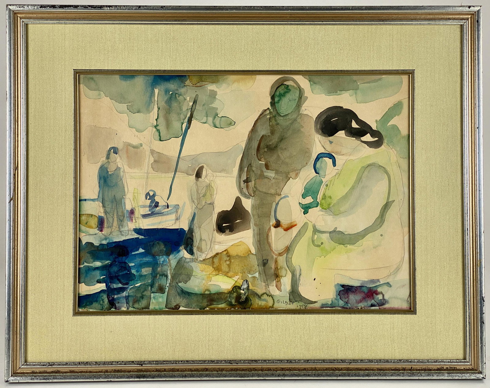 Aharon Giladi (Israeli, 1907-1993): Watercolor depicting multiple figures and a boat in the abstract expressionist style. Sight size: 13" ht. x 19" wd., framed size: 21" ht. x 26.5" wd.