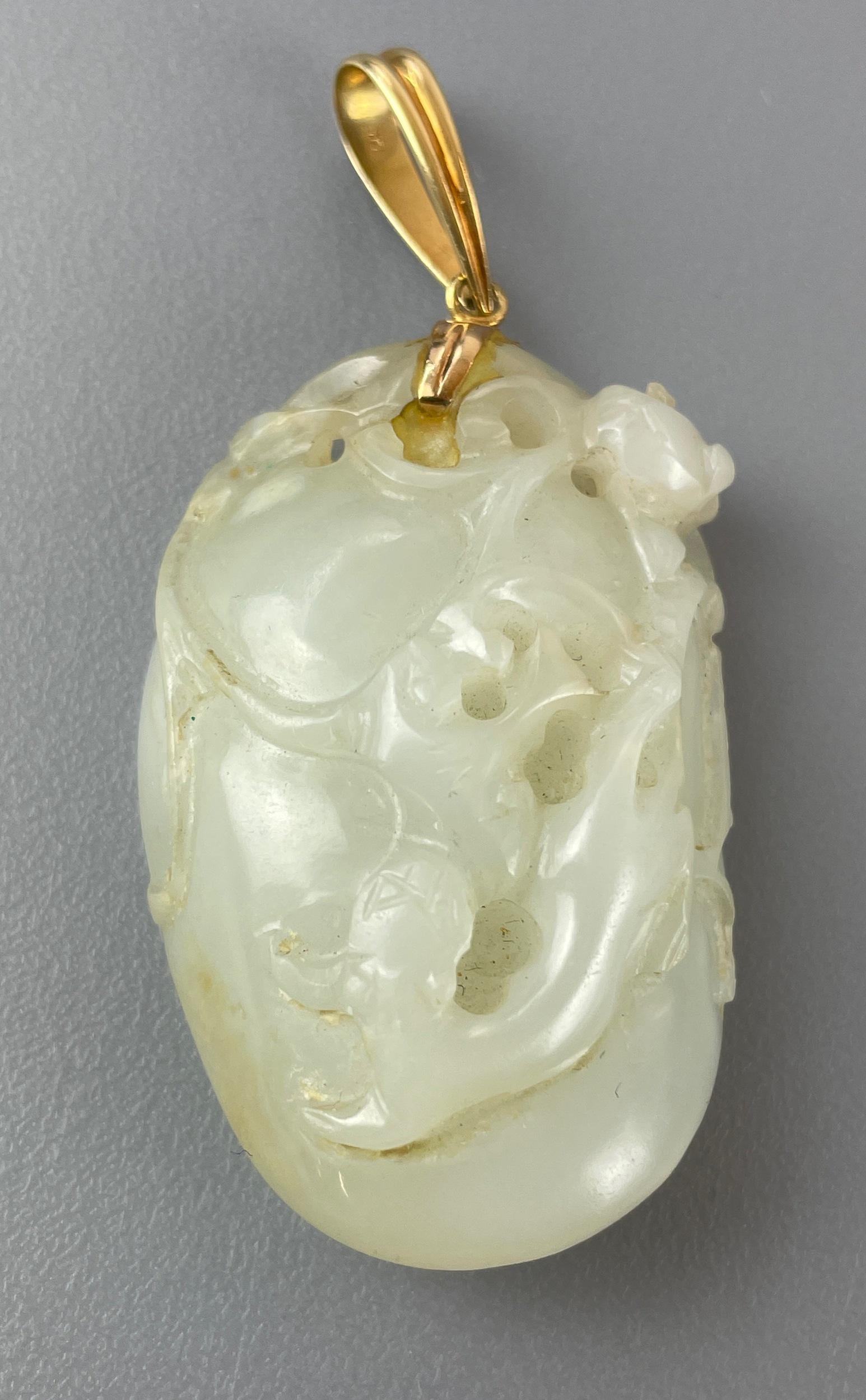 Chinese White Jade and 14k Carved Pendant (1 of 12)