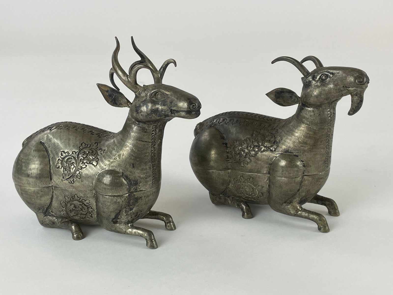 Pair of 90% Silver Incised Cambodian Ram Boxes (1 of 9)