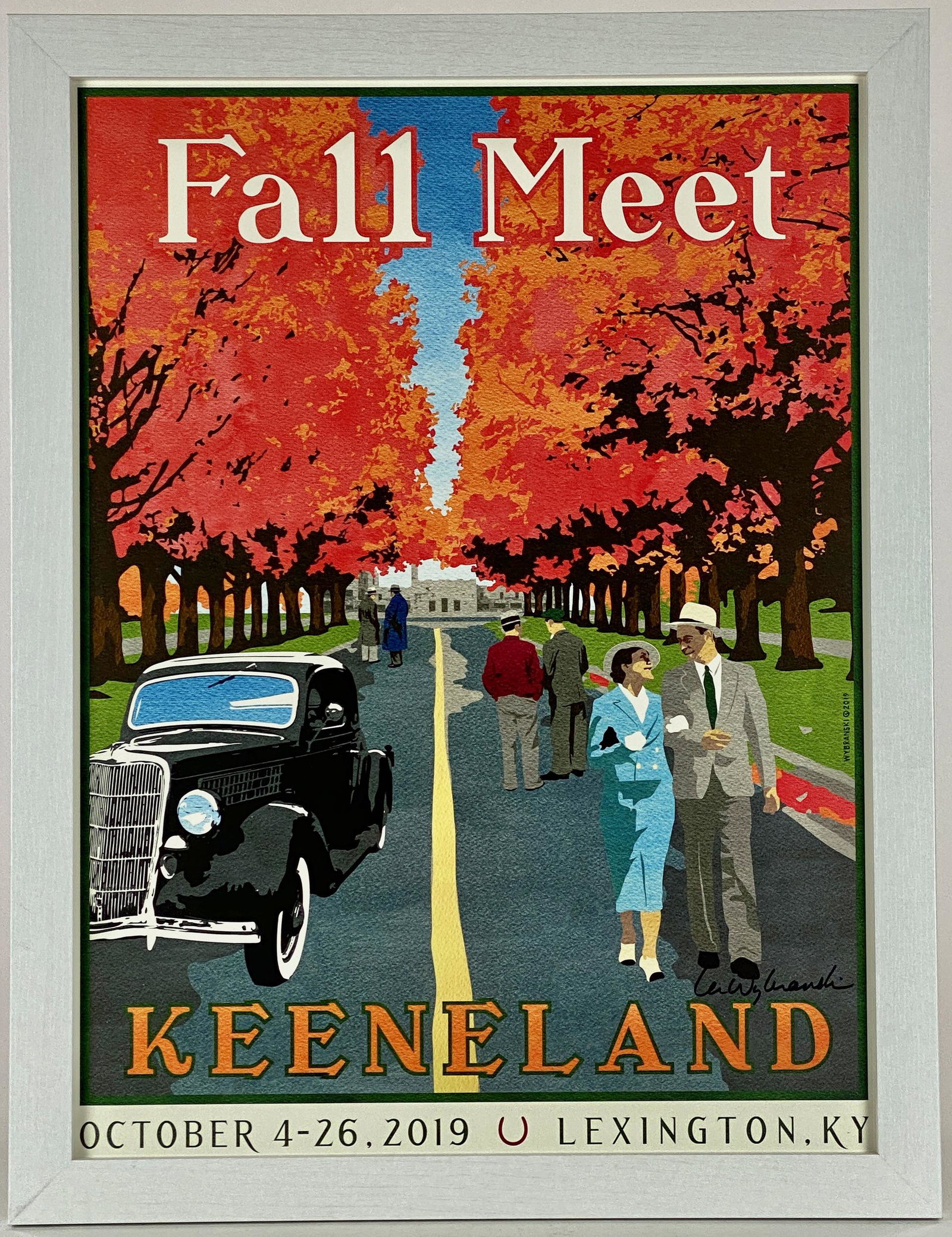 Pair of Keeneland Posters, 2019, Signed: A pair of chromolithographs in the old travel poster style by artist Wybranski, for Keeneland in 2019. Each 26" ht. x 20" wd. (frame). From the collection of prominent art historian and lecturer, Robe