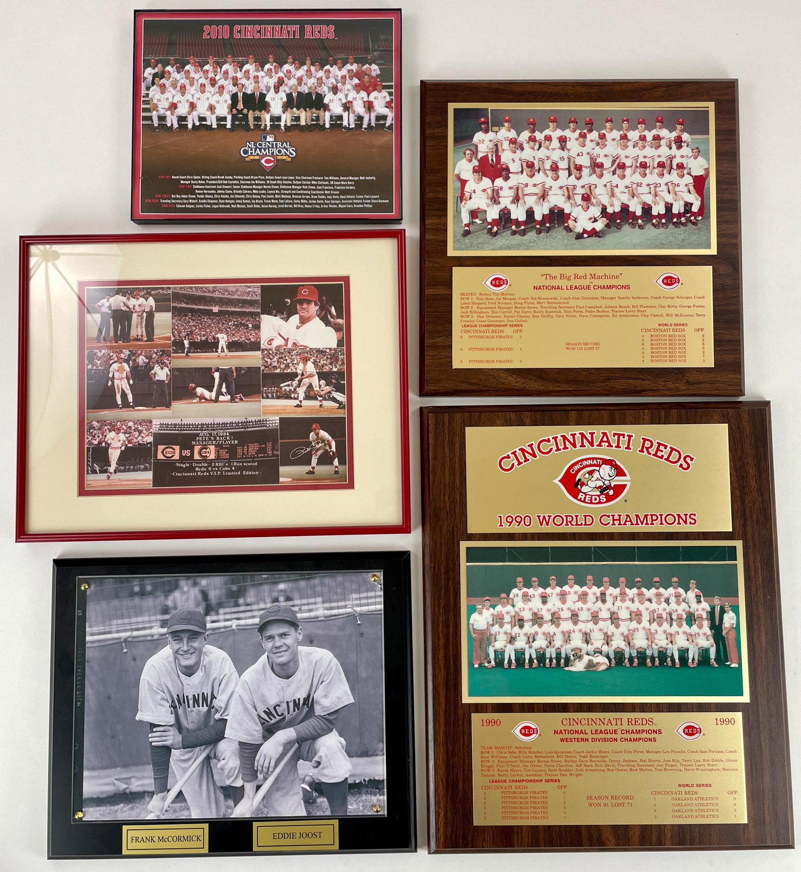 Assortment of Framed Cincinnati Reds Images: Portraits, team composites with box scores, and plaques commemorating different landmarks for the Reds over the years. Ideal assortment to fill out a man- or woman-cave. Largest 15.5" ht. x 13" wd. (f
