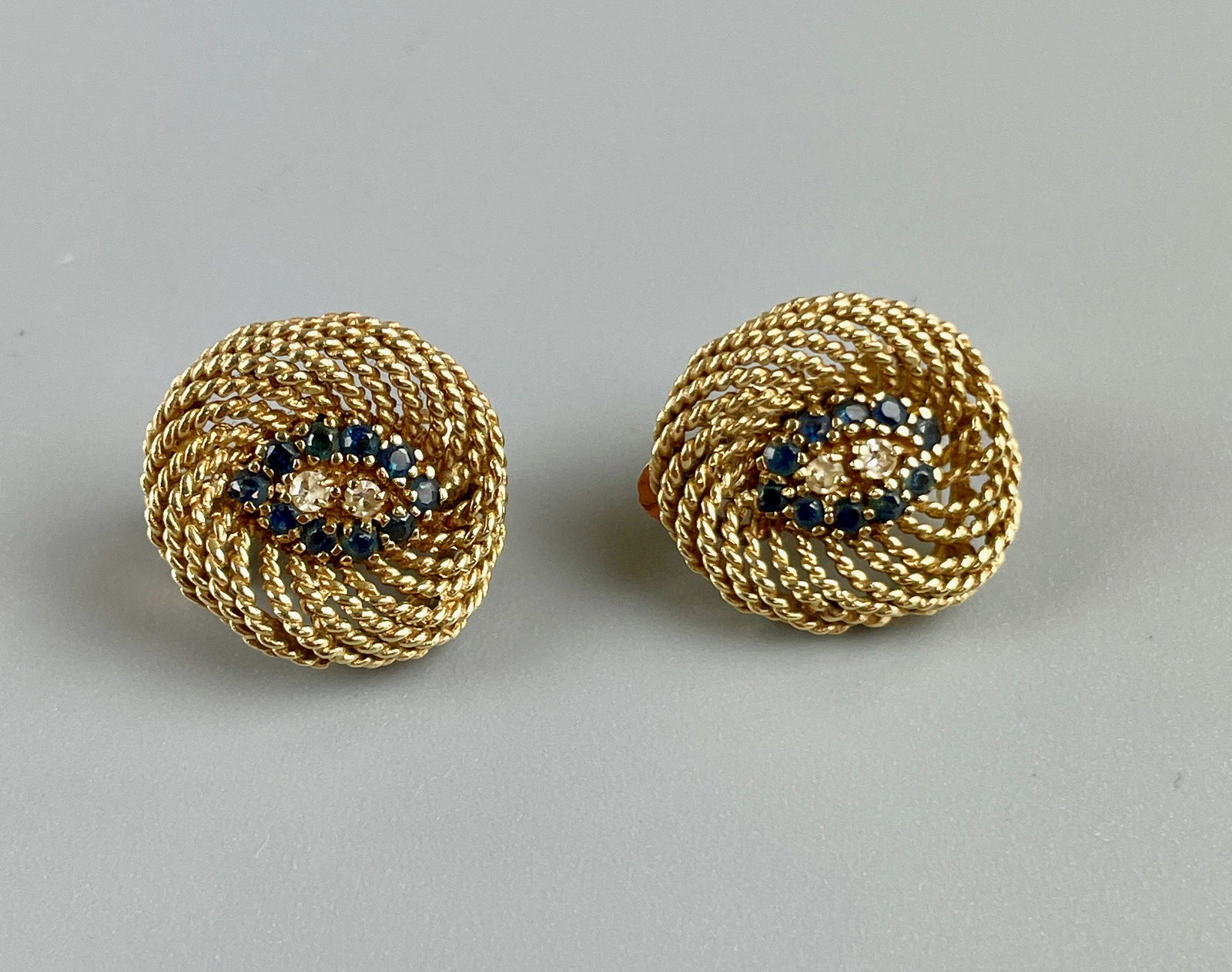 Pair of 14 Karat Gold Earrings with Center Stones: Total weight: 7.9 grams Lifetime collection of Carol and Robert (Rob) Kane, Oxford, OH.