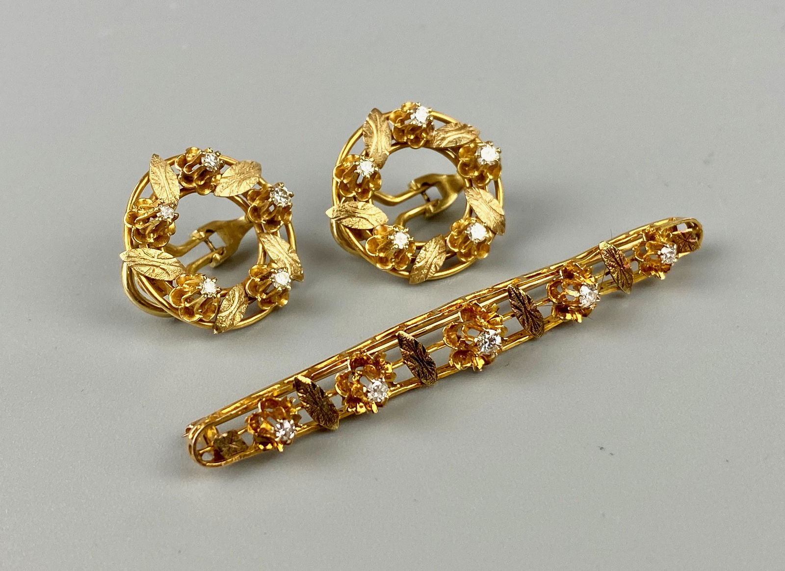 10 Karat Gold and Diamond Earclips and Brooch (1 of 7)