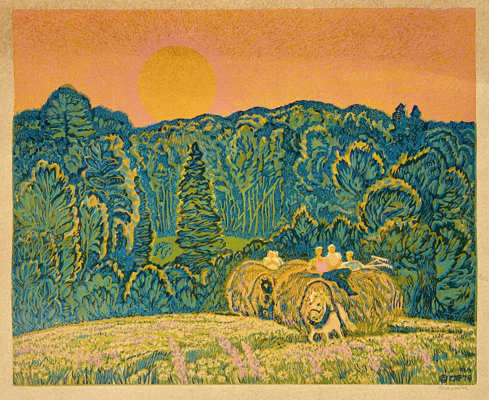 Irina Vorobyova (Russian), Color Lithograph 1978: "The Hay Transporters" polychrome cardboard engraving, Russian ca. 1978. Includes gallery tag. Signed in the margin to the l.r. Plate size: 10" ht x 13" wd.