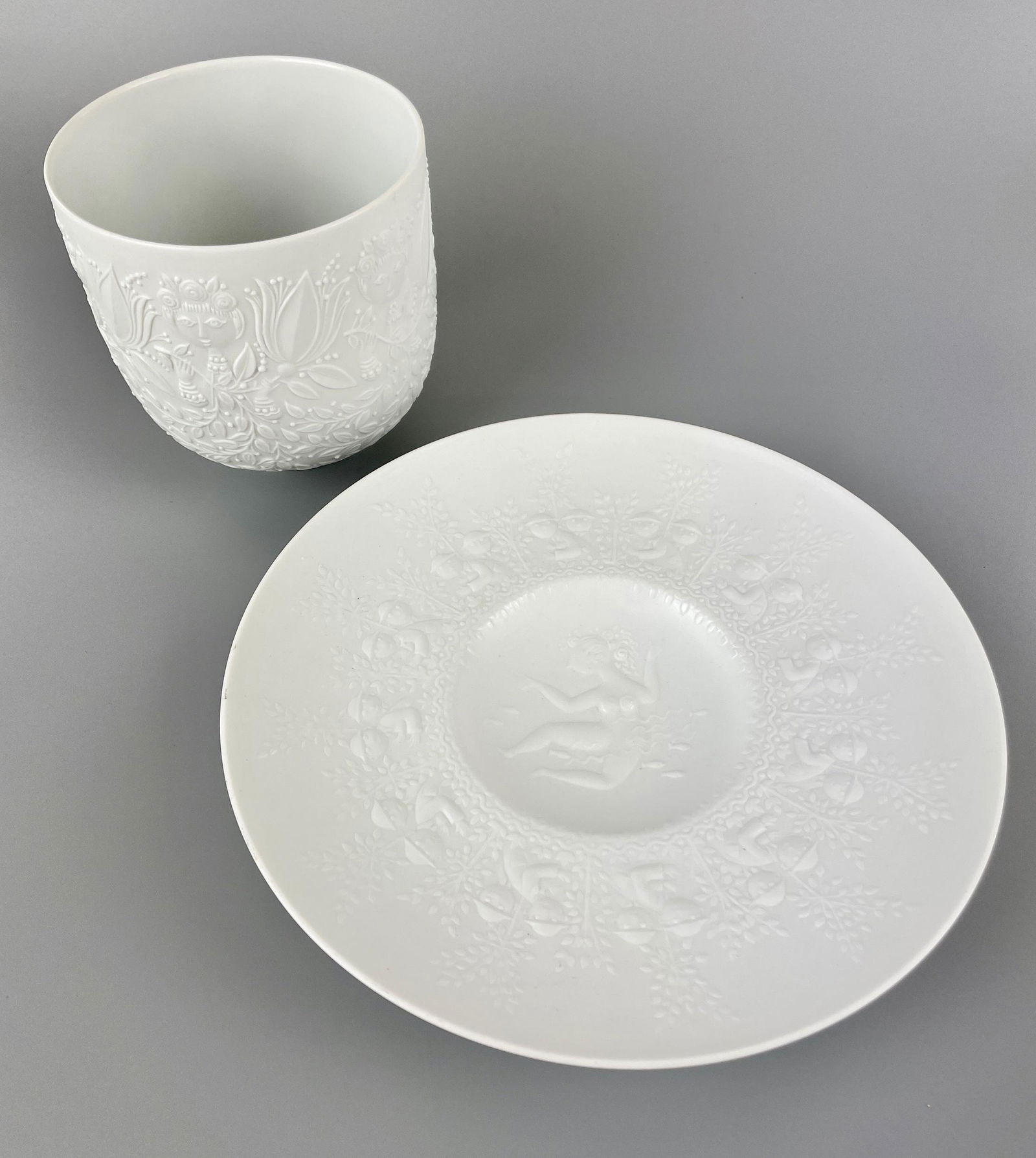 Bjorn Winblad for Rosenthal Vessel and Dish: Porcelain, a relief designed dish and vessel, each marked to underside. Dish diameter 8.25".