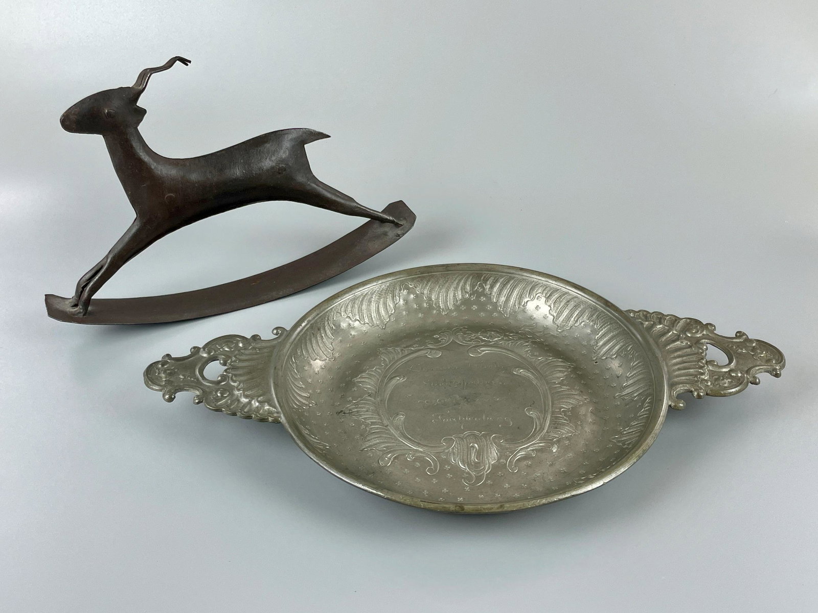 Metal / Pewter German Koch Tray and Toy Rocker: A commemorative pewter engraved tray by German maker Koch, signed presumable by the engraver "C.K." to the rear, and bearing the name "Christian Wirth Stadtschultheiss - Forchtenberg" on the front. Al