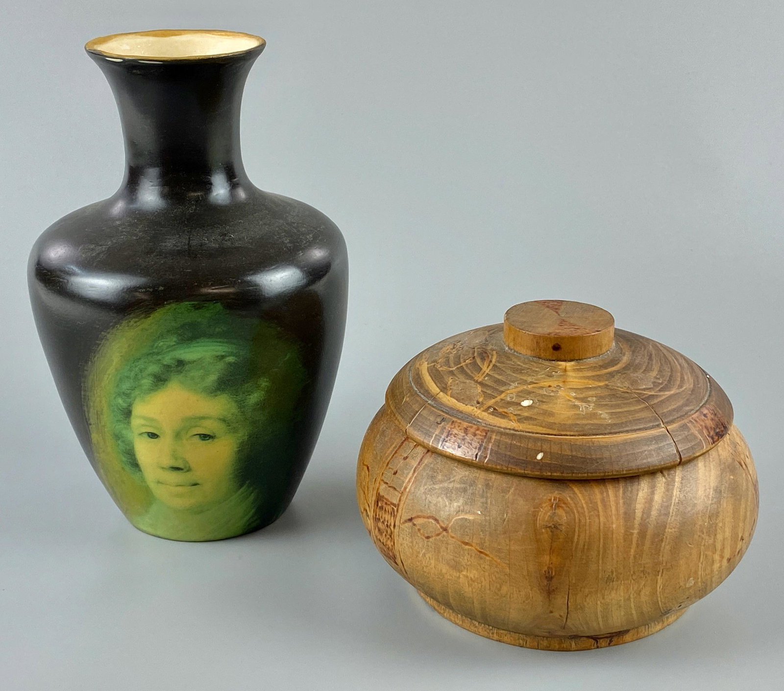 Bowl and Vase: Carved wood bowl, and a transfer ware vase. Vase 7" ht. x 5" diam.