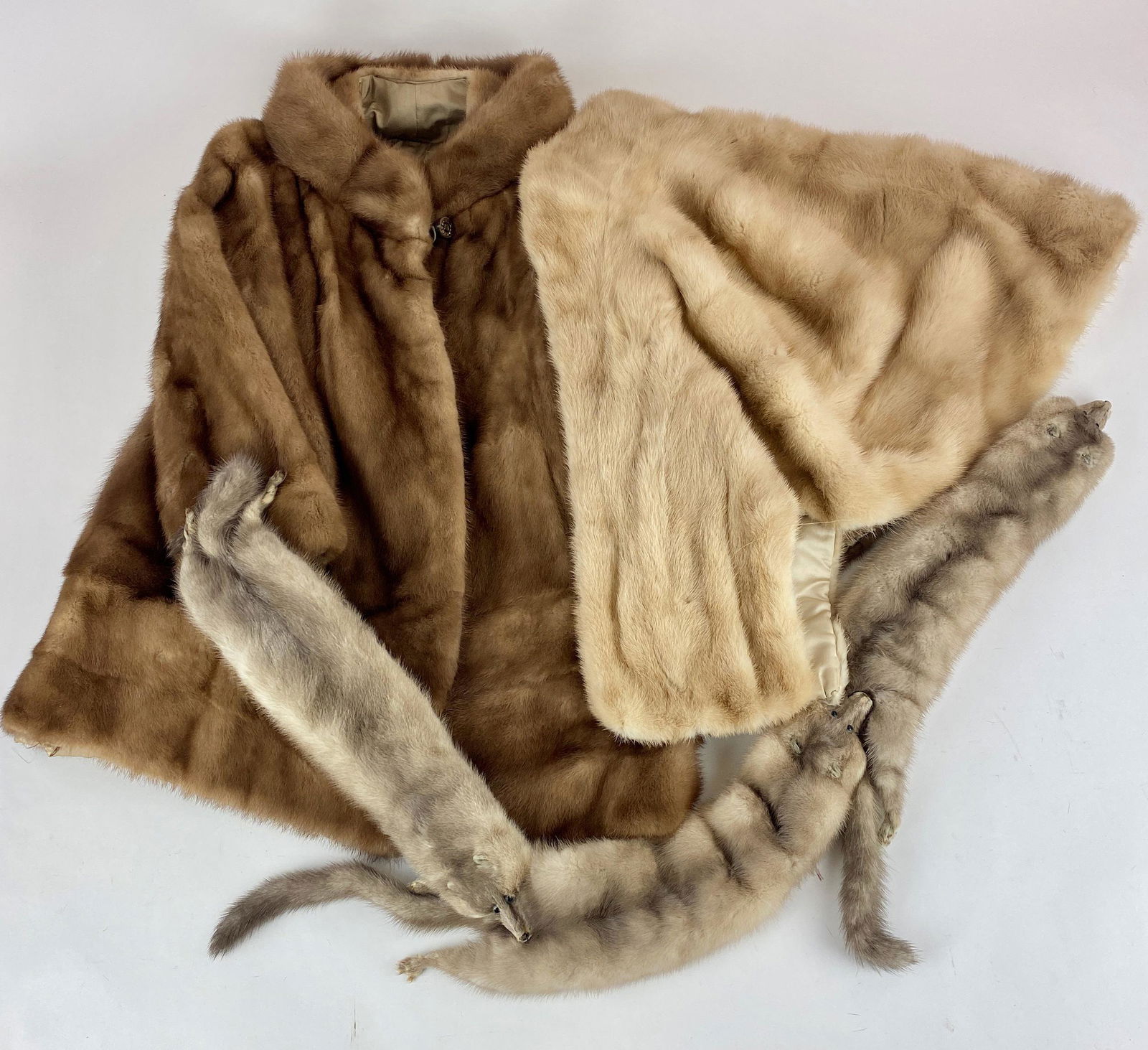 Natural Brown Minx Coat, Mink Wrap and Scarf: 3 items, including a minx coat, a wrap in lighter fur and a scarf. No size tag, but measures 32.5" tall.