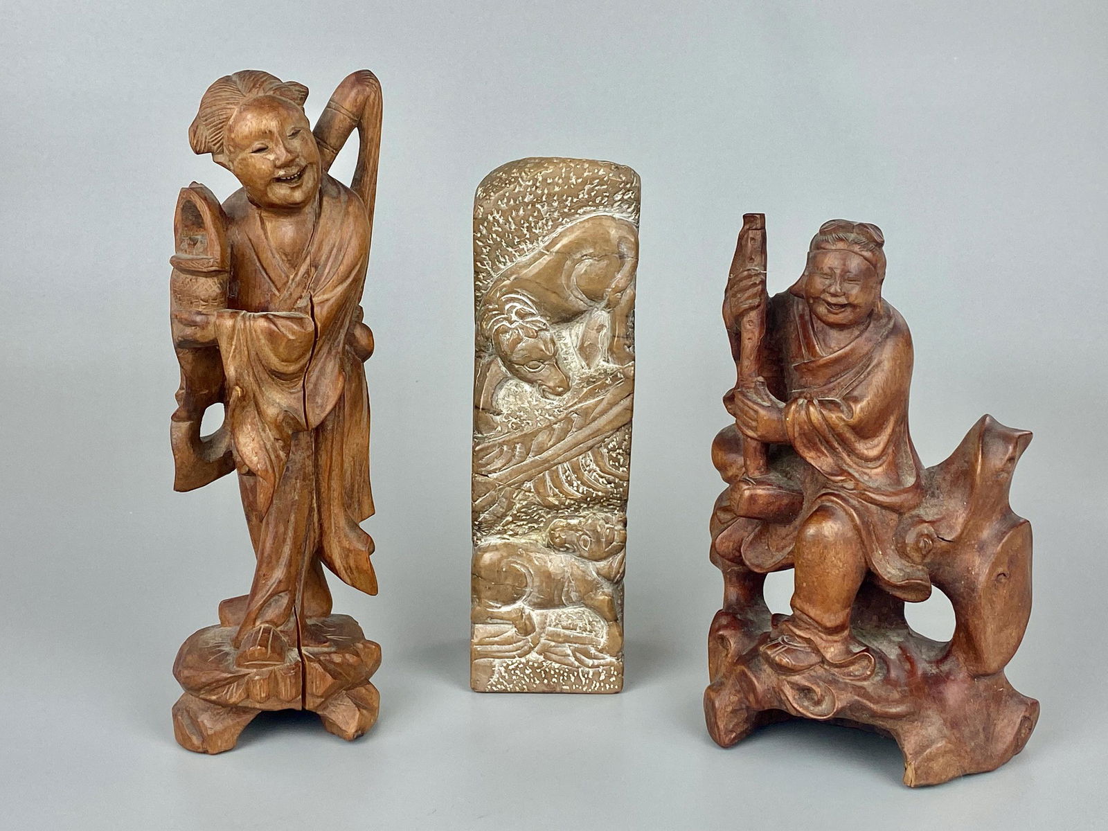 Pr. of Chinese Wood Carvings and Stone Seal (1 of 9)