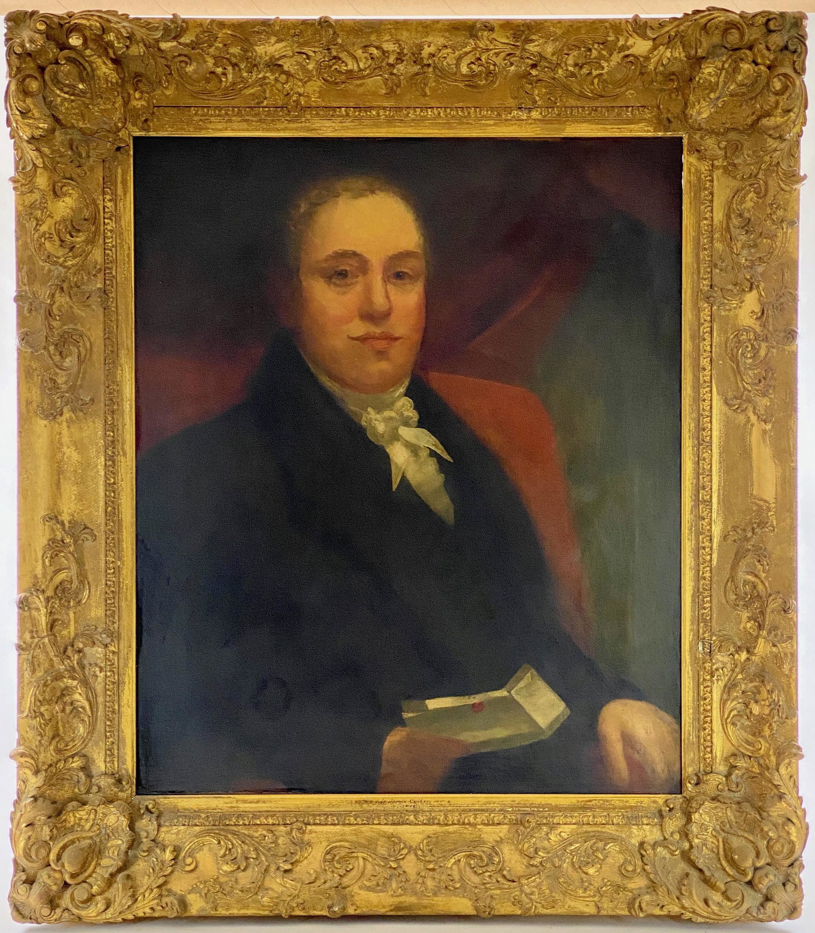 Manner of John Opie (1761-1807), Portrait of James: Oil on canvas, in the manner of the artist, with title of sitter and Opie's name etched into the gilt, wood-carved frame. Purchased from the Sam Aronoff Gallery located in Cincinnati. Circa 1790-1800.